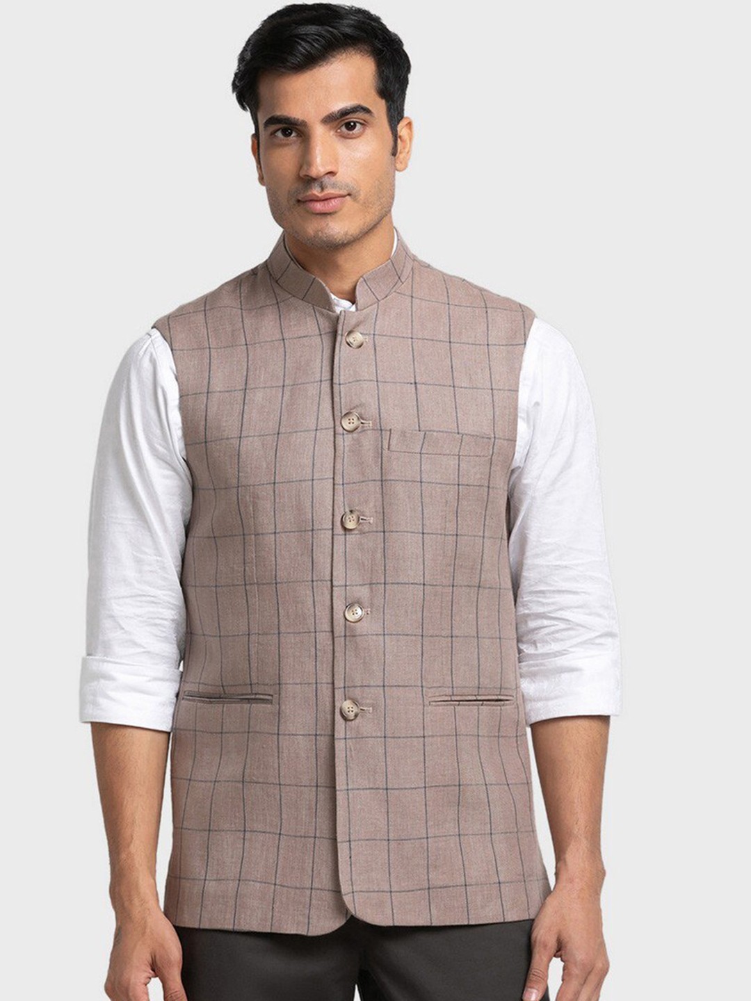 

ColorPlus Beige Checked Linen Nehru Jacket