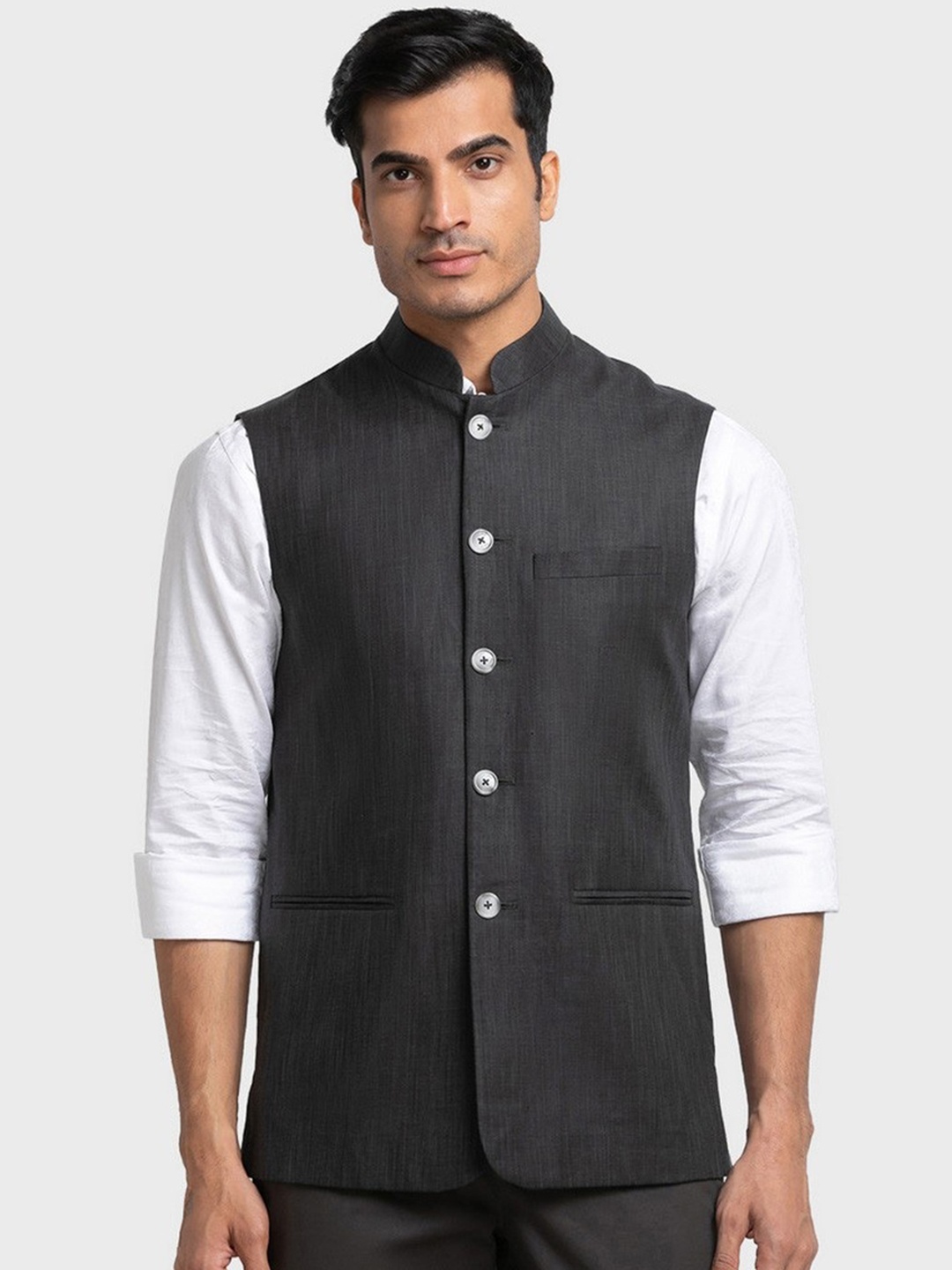 

ColorPlus Men Charcoal Grey Solid Contemporary Fit Nehru Jacket