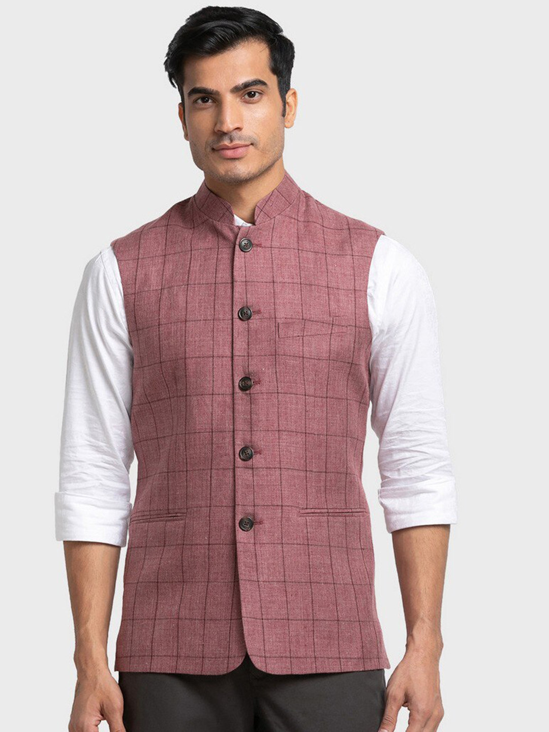 

ColorPlus Men Red Checked Nehru Jacket