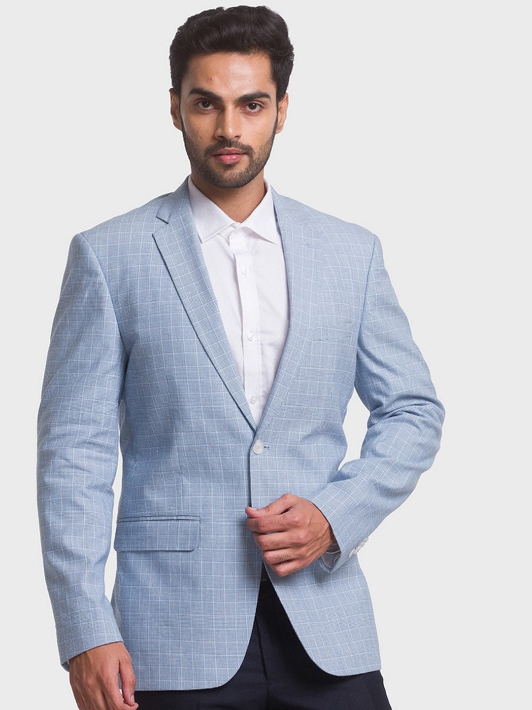 

ColorPlus Men Blue Checked Single-Breasted Linen Formal Blazers