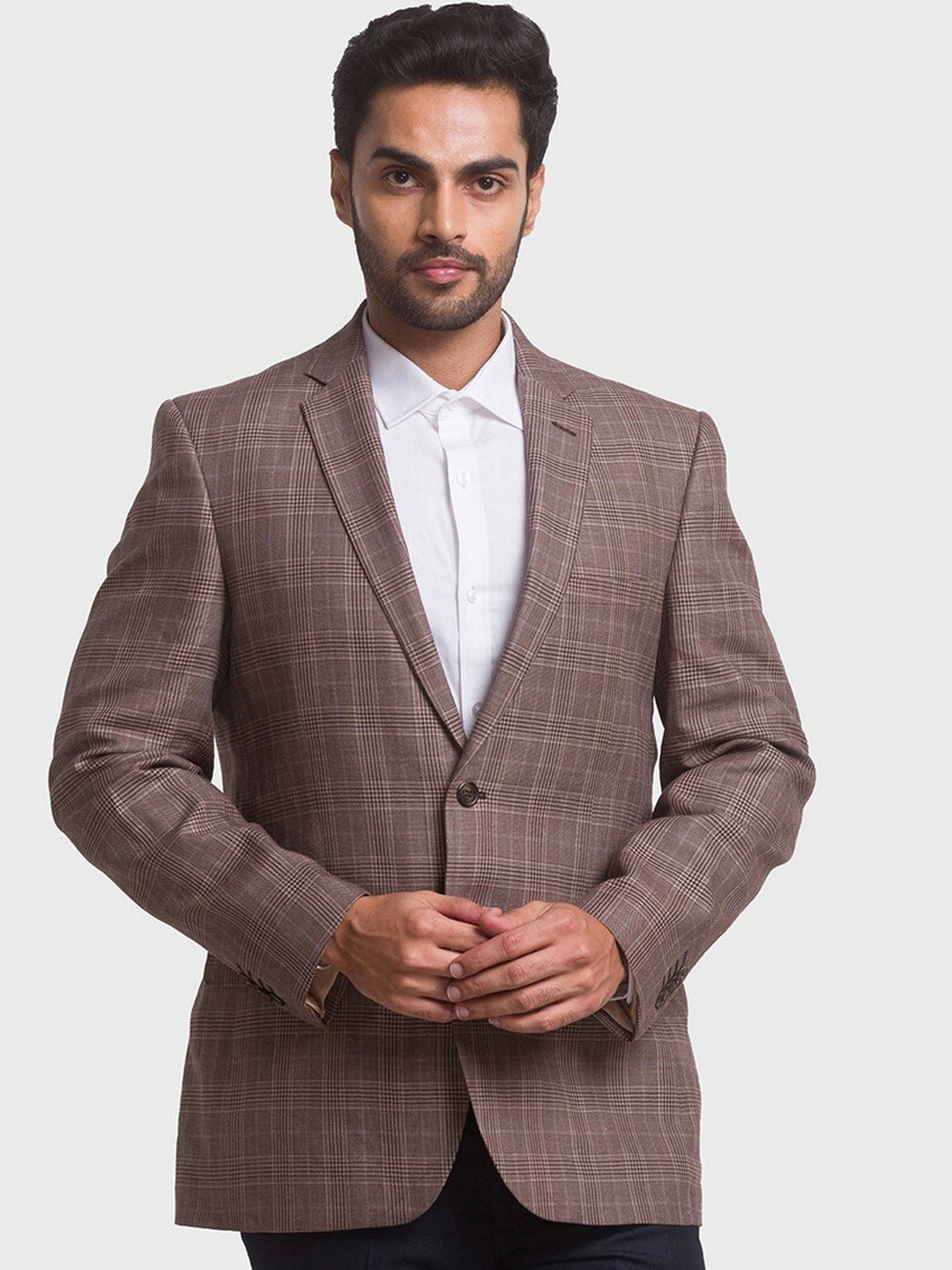 

ColorPlus Men Brown Checked Single-Breasted Linen Formal Blazer