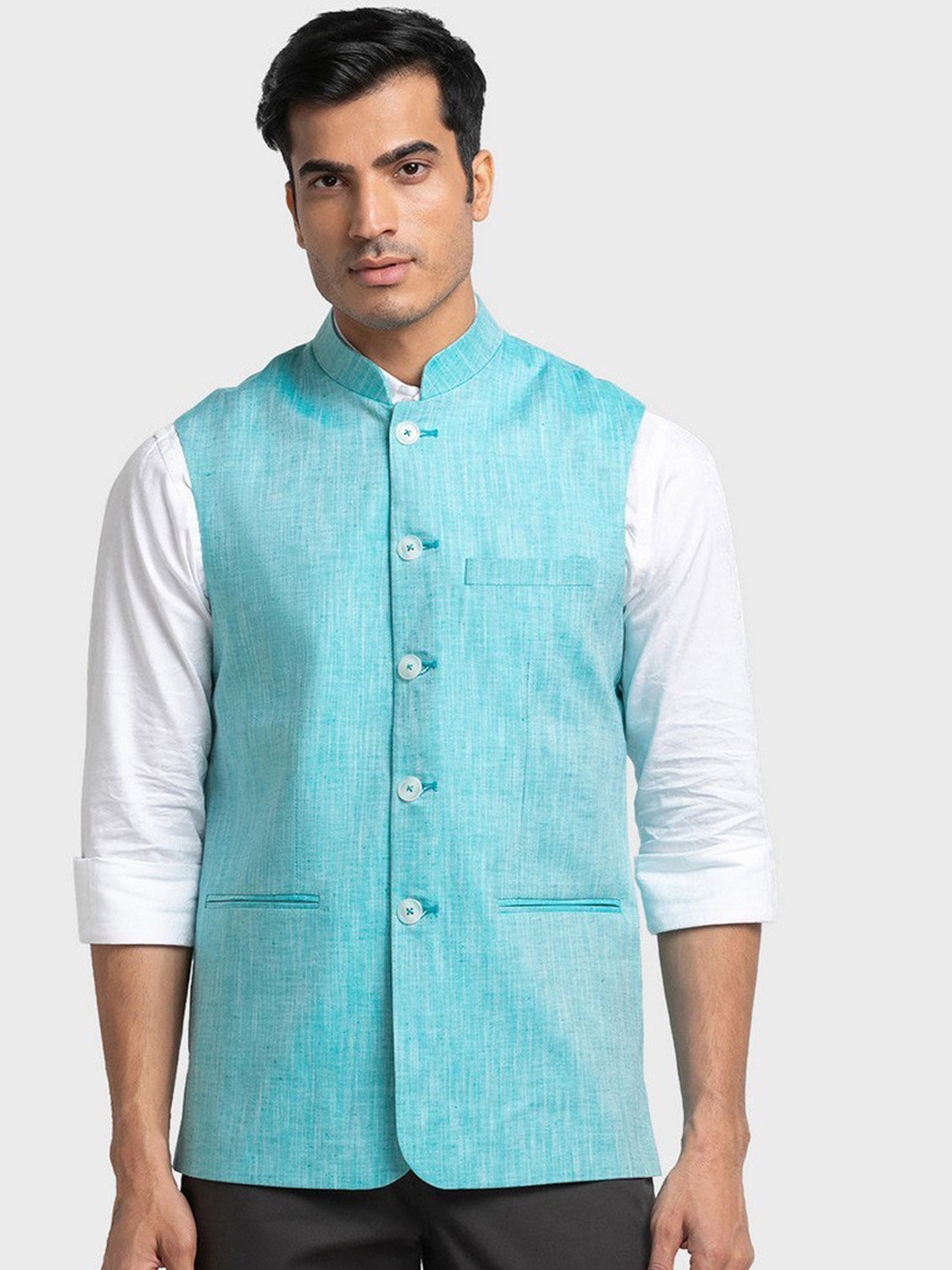 

ColorPlus Blue Solid Pure Cotton Nehru Jacket