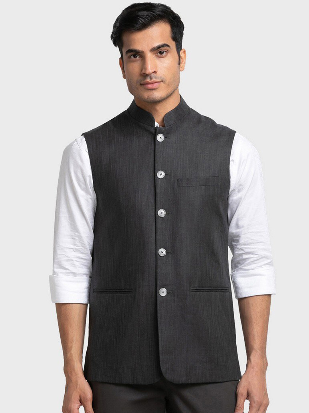 

ColorPlus Men Charcoal Grey Solid Contemporary Fit Nehru Jacket