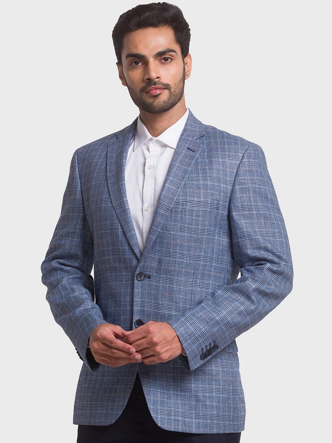 

ColorPlus Men Plus Size Blue Checked Single-Breasted Formal Linen Blazer