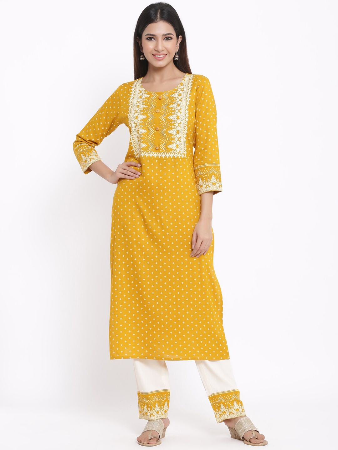 

kipek Women Ethnic Motifs Printed Kurta with Trousers, Mustard