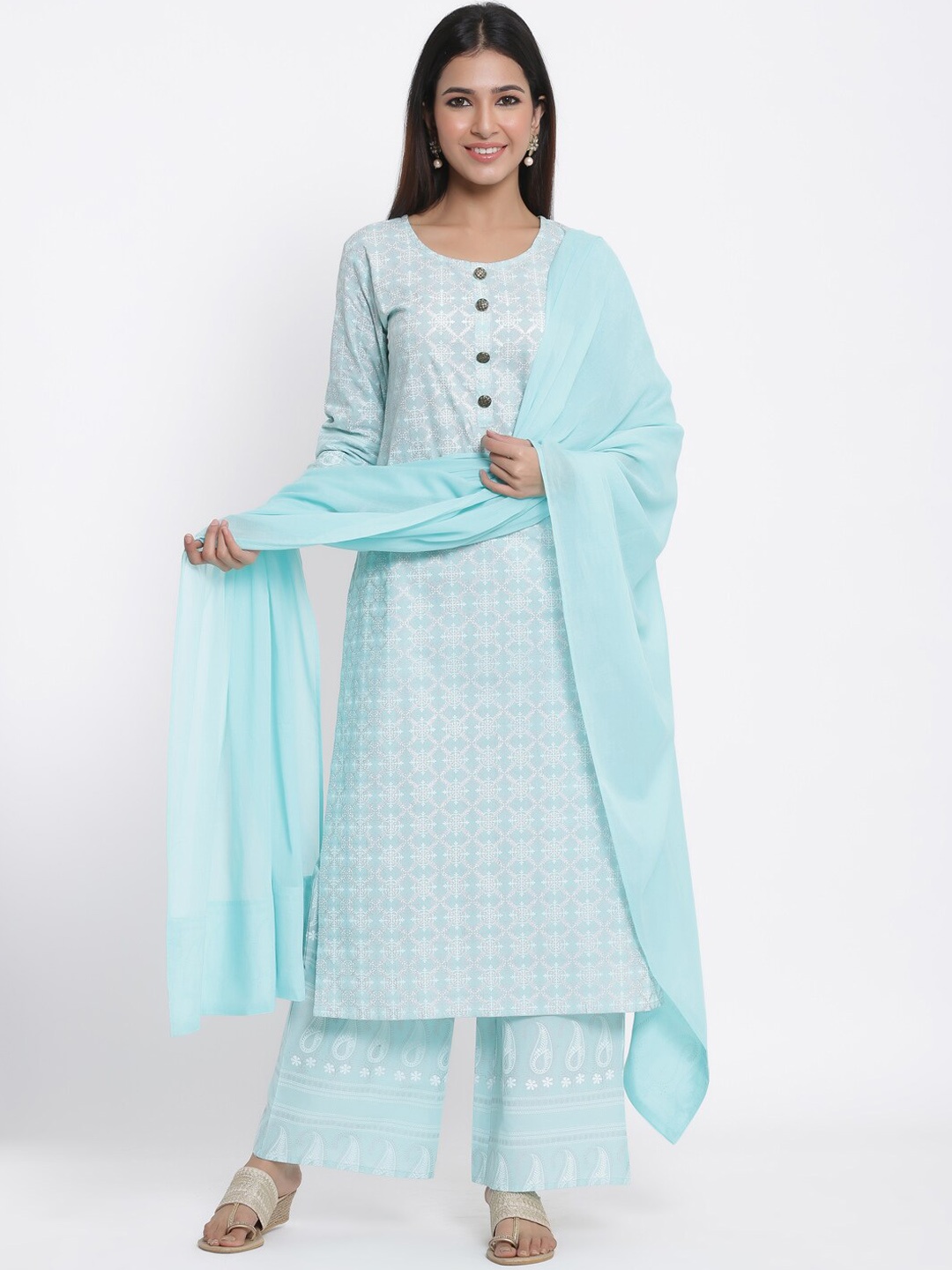 

kipek Women Pure Cotton Kurta with Palazzo & With Dupatta Set, Blue