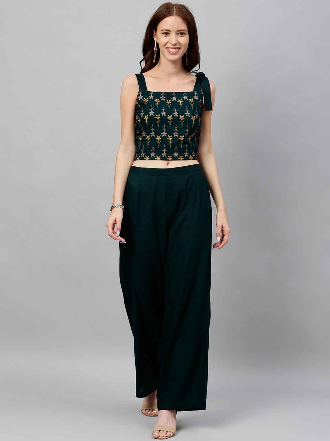 

kipek Women Floral Top with Palazzos, Green