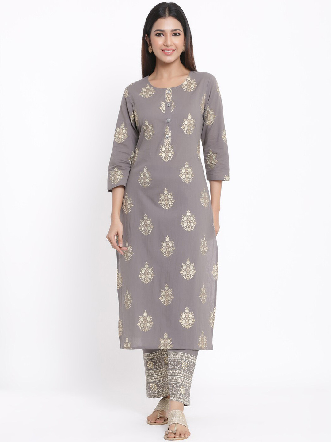 

kipek Women Ethnic Motifs Printed Pure Cotton Kurta with Palazzos, Grey