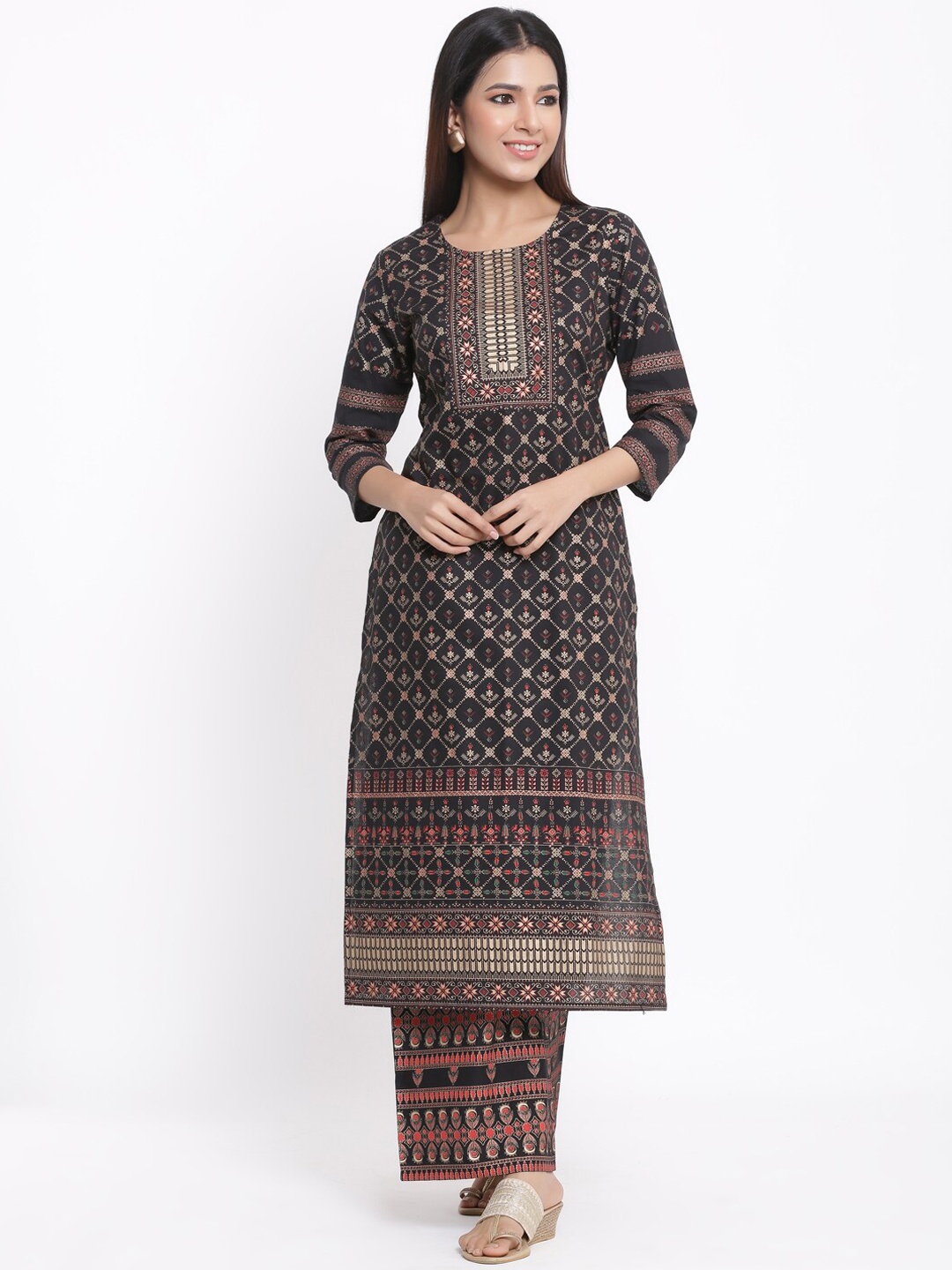 

kipek Women Ethnic Motifs Printed Pure Cotton Kurta with Palazzos, Black
