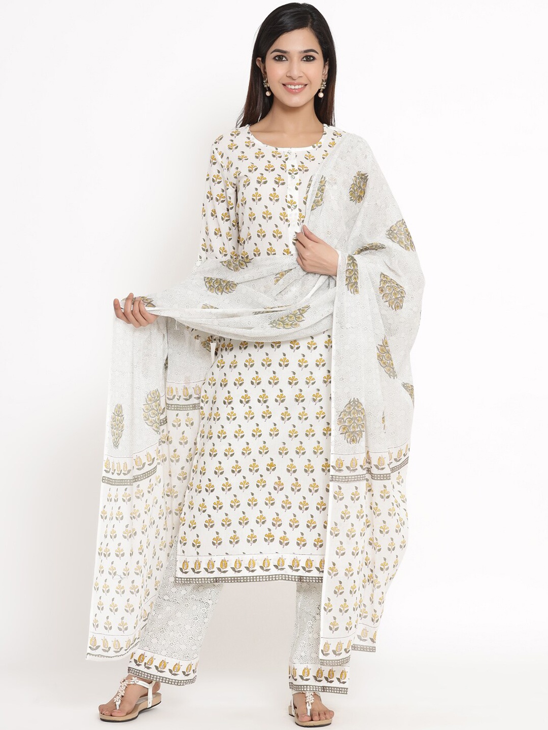 

kipek Women Ethnic Motifs Printed Pure Cotton Kurti with Palazzos, White