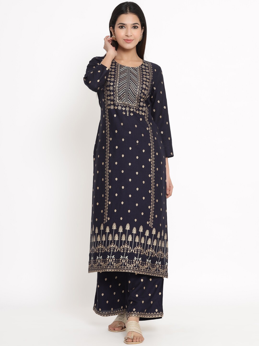 

kipek Women Ethnic Motifs Printed Kurta with Palazzos, Navy blue