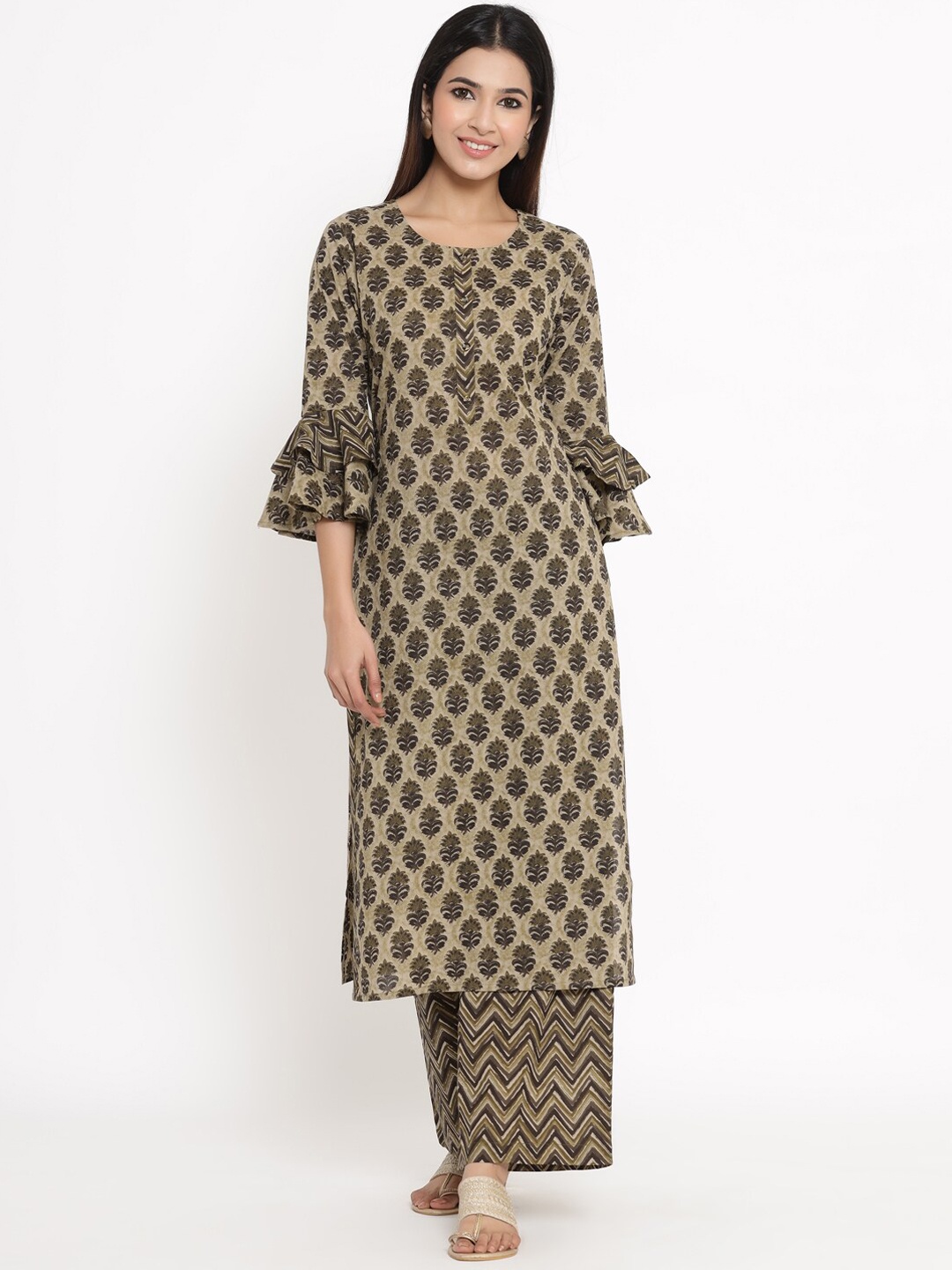 

kipek Women Printed Pure Cotton Straight Kurta with Palazzos, Olive