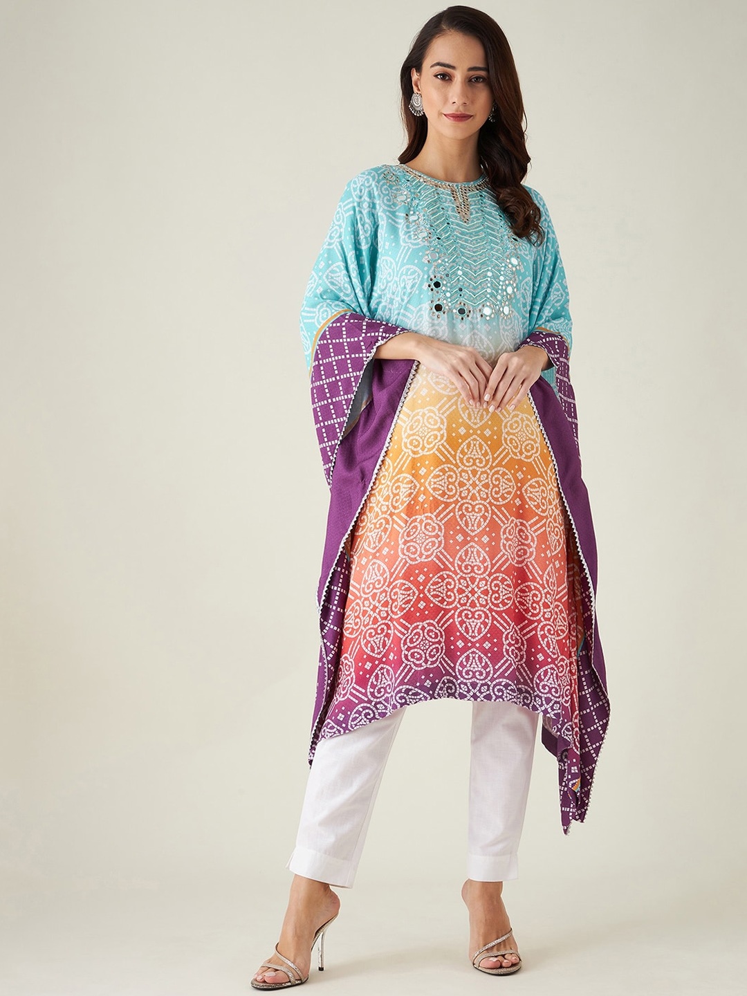 

The Kaftan Company Women Turquoise Blue & Purple Ethnic Motifs Striped Flared Sleeves Mirror Work Kaftan Kurta
