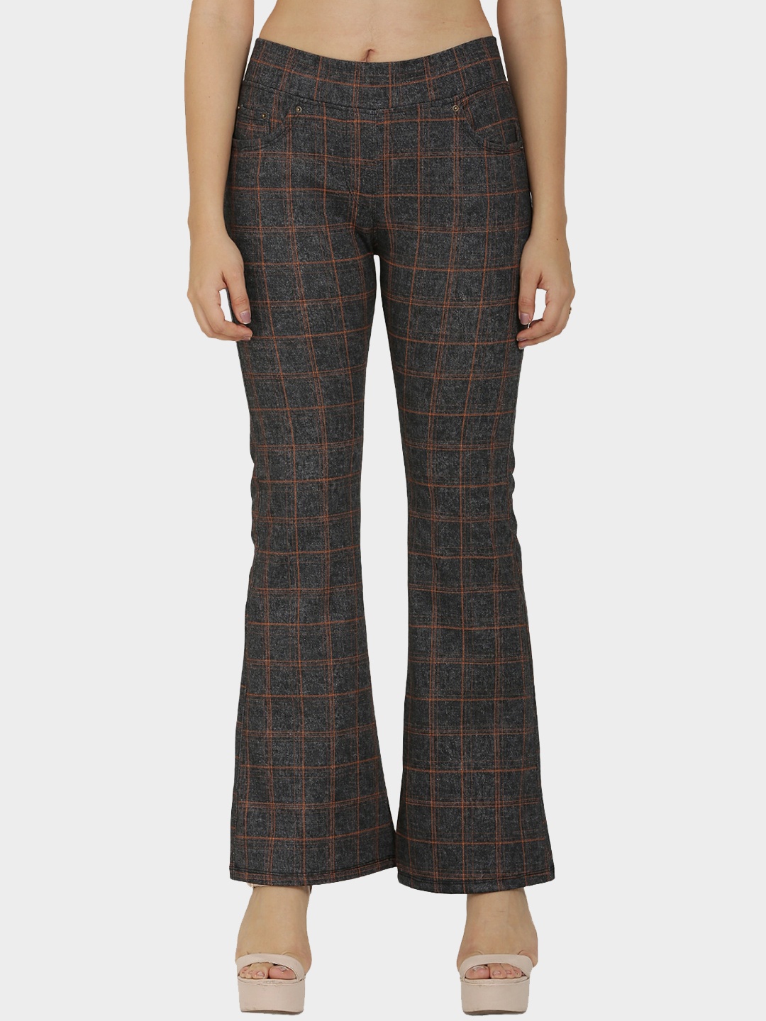 

Westwood Women Black Checked Smart Loose Fit High-Rise Easy Wash Bootcut Trousers