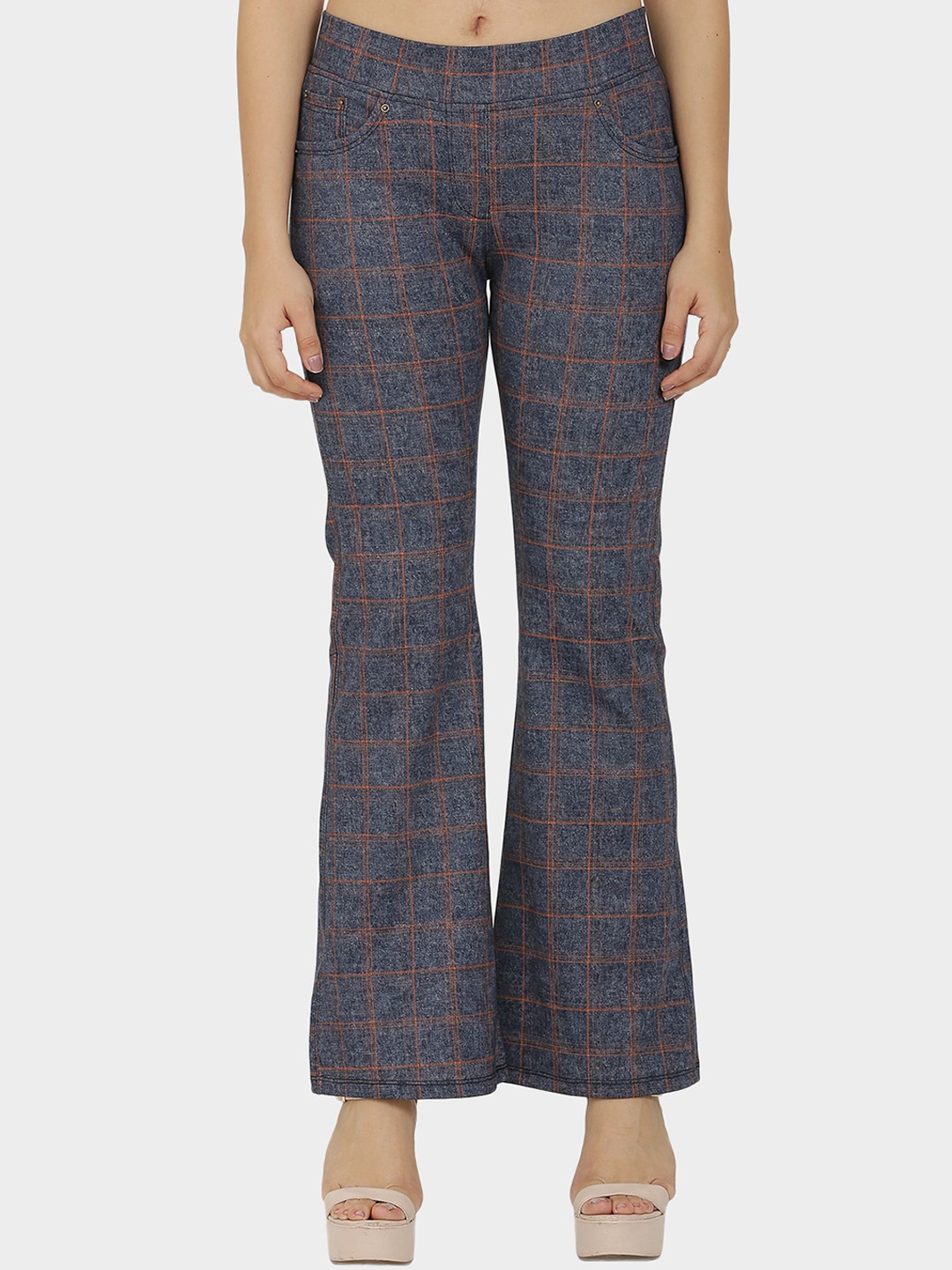 

Westwood Women Blue Checked Smart High-Rise Easy Wash Bootcut Trousers