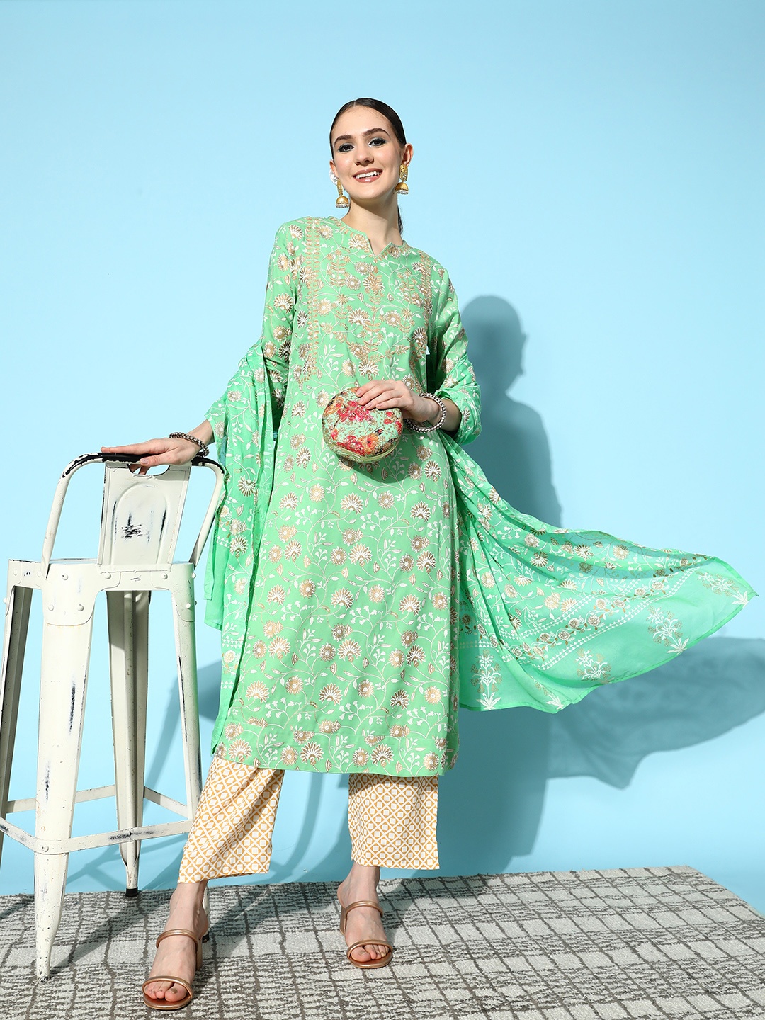 

HERE&NOW Women Ethnic Motifs Printed Thread Work Kurta with Trousers & Dupatta, Green