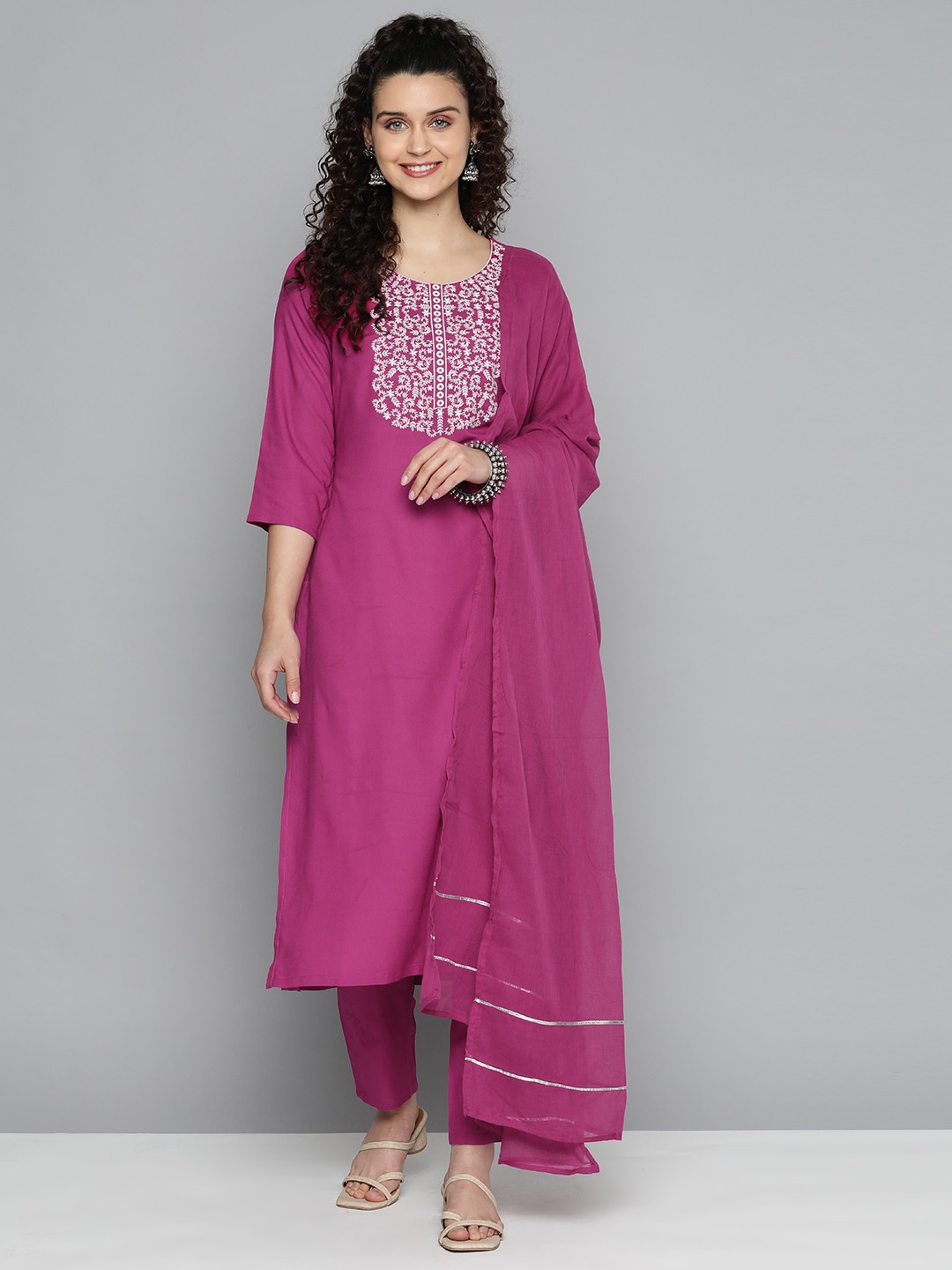 

HERE&NOW Ethnic Motifs Embroidered Kurta with Trousers & Dupatta, Magenta