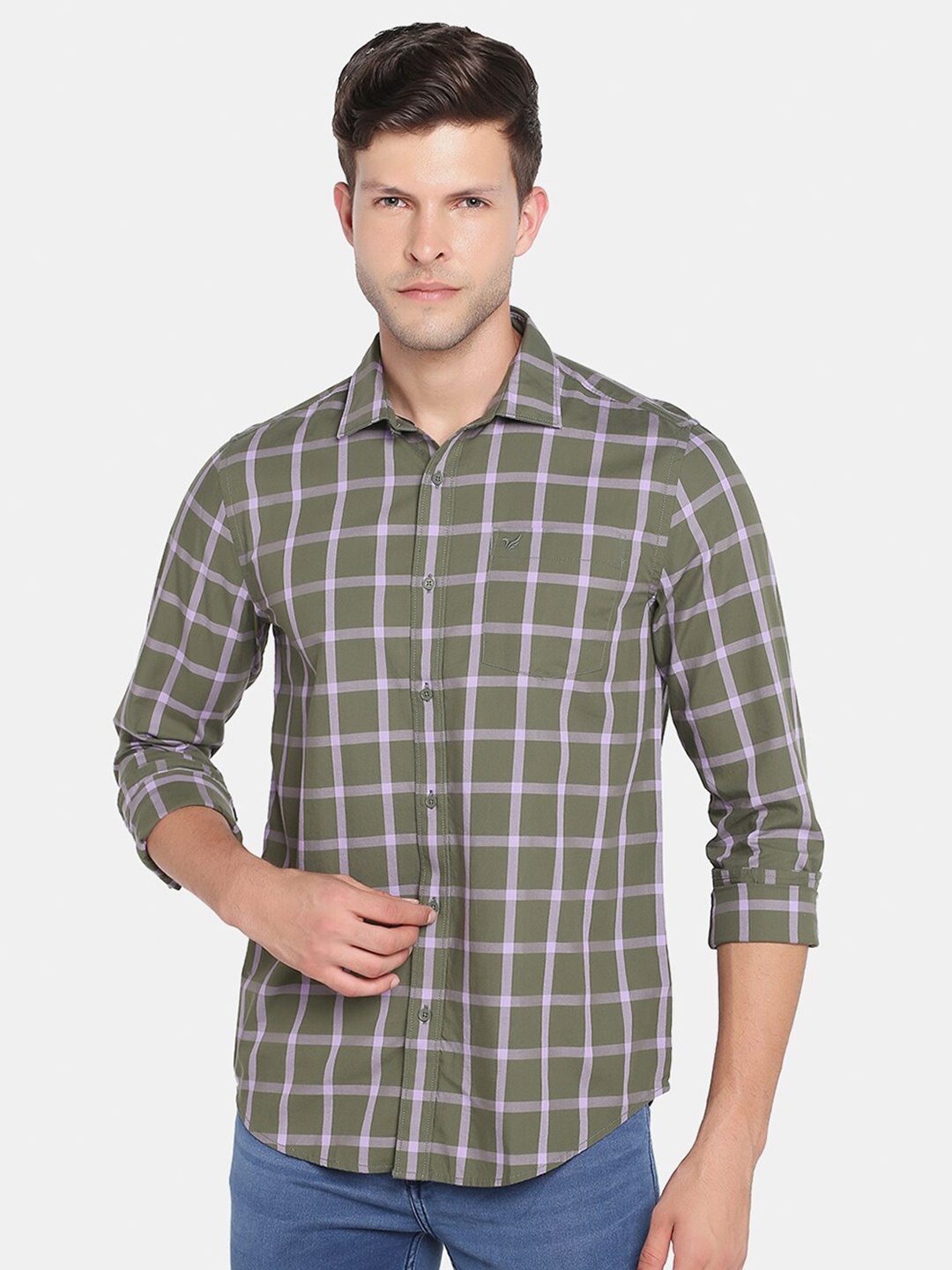 

Blackberrys Men Olive Green Slim Fit Tartan Checked Casual Shirt