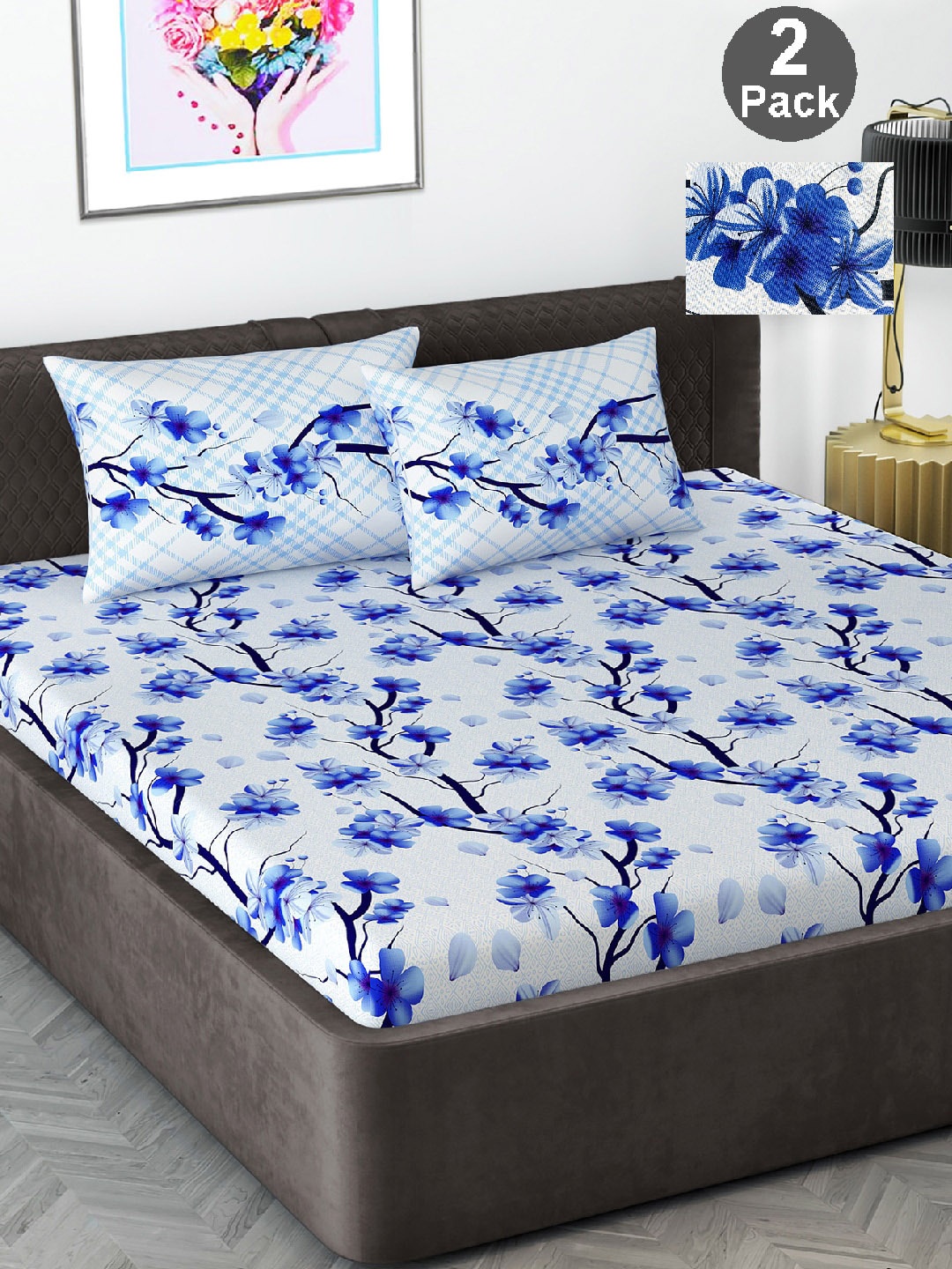 

Divine Casa Blue & White Floral Cotton 144 TC 2 Double Bedsheet with 4 Pillowcover