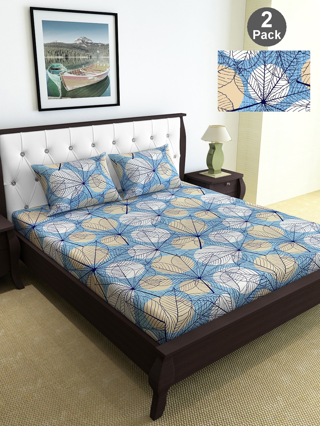 

Divine Casa Blue & Beige Floral 144 TC Pack Of 2 Queen Bedsheet with 4 Pillow Covers