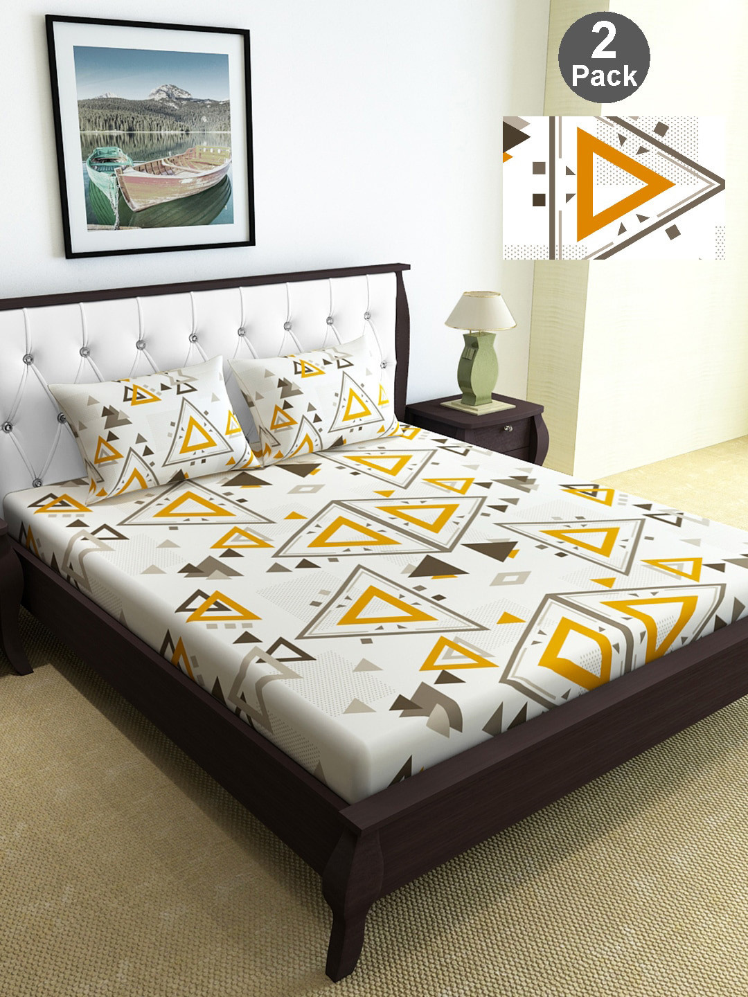 

Divine Casa Orange & White Geometric 144 TC 2 Queen Bedsheet with 4 Pillow Covers