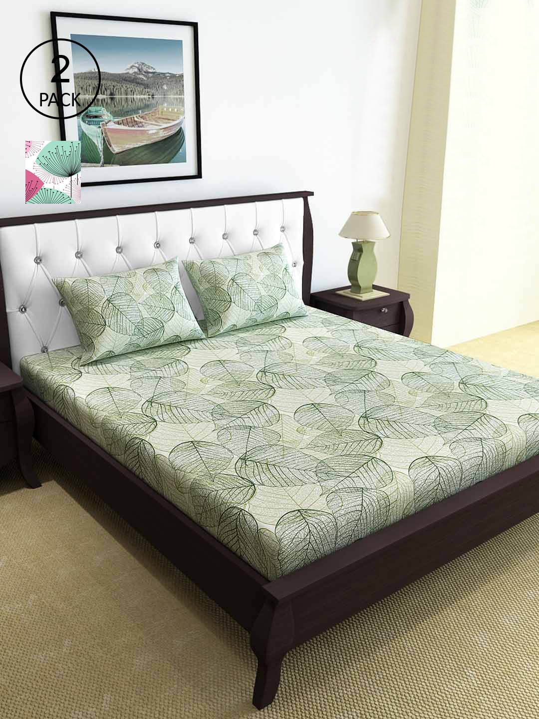 

Divine Casa Grey & Green Floral 144 TC 2 Queen Bedsheet with 4 Pillow Covers