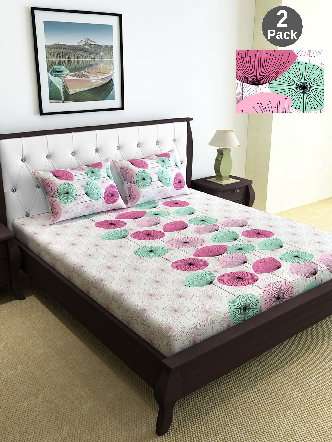 

Divine Casa Pink & White Floral 144 TC 2 Queen Bedsheet with 4 Pillow Covers