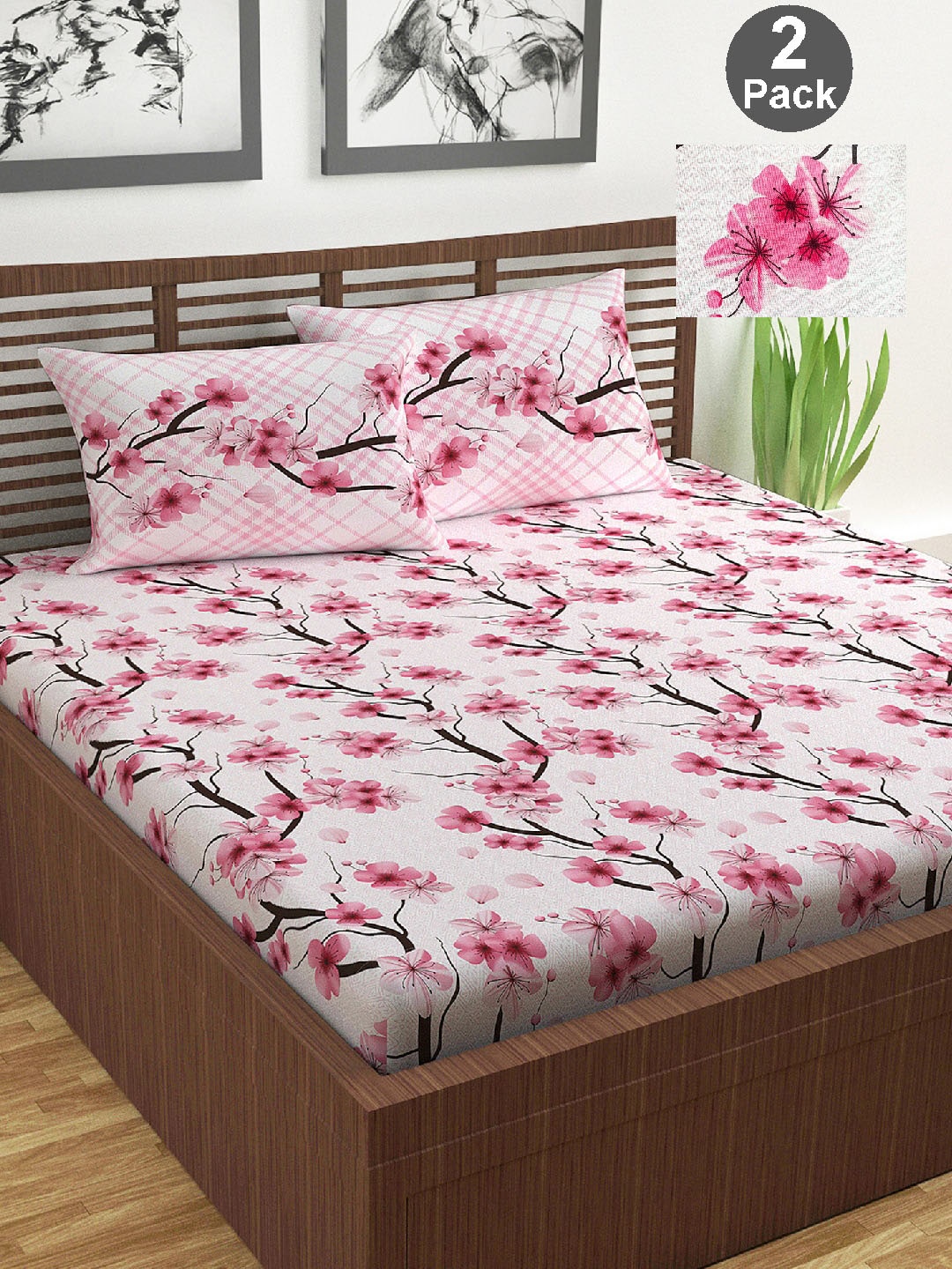 

Divine Casa Pink & White Floral 144 TC 2 Queen Bedsheet with 4 Pillow Covers