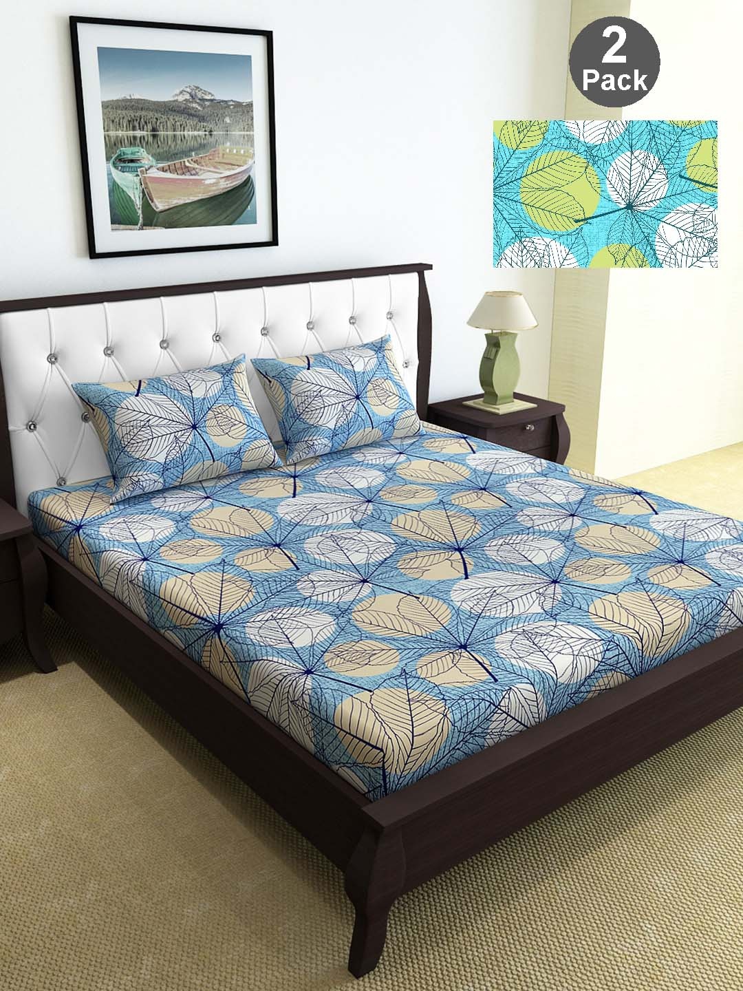 

Divine Casa Blue & Beige Floral 144 TC 2 Queen Bedsheet with 4 Pillow Covers