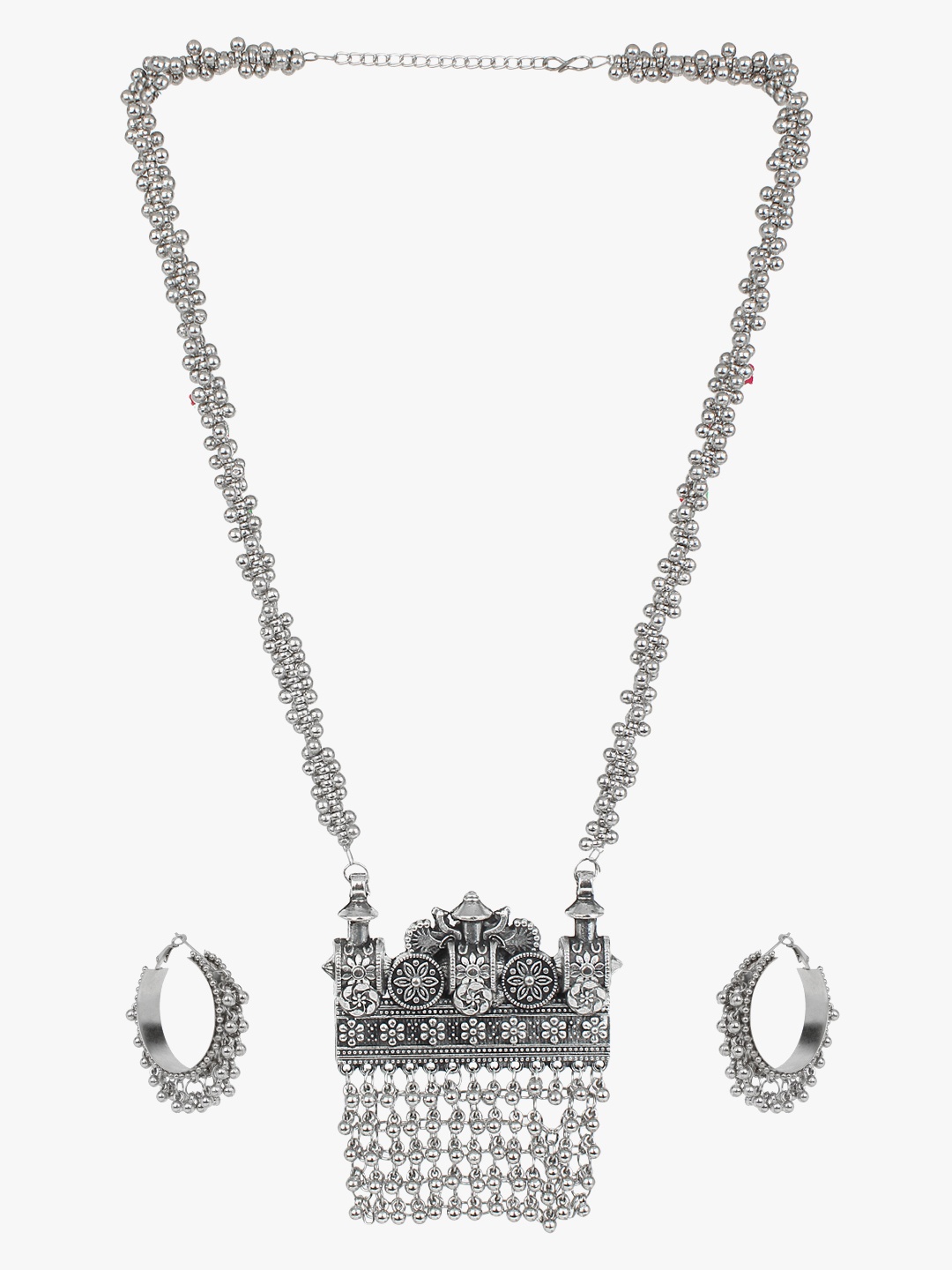 

CARDINAL Silver Oxidised Silver-Plated Long Necklace With Bali Earrings