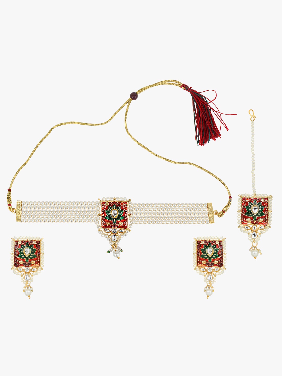 

CARDINAL Gold-Plated White & Red Stone Studded & Beaded Jewellery Set