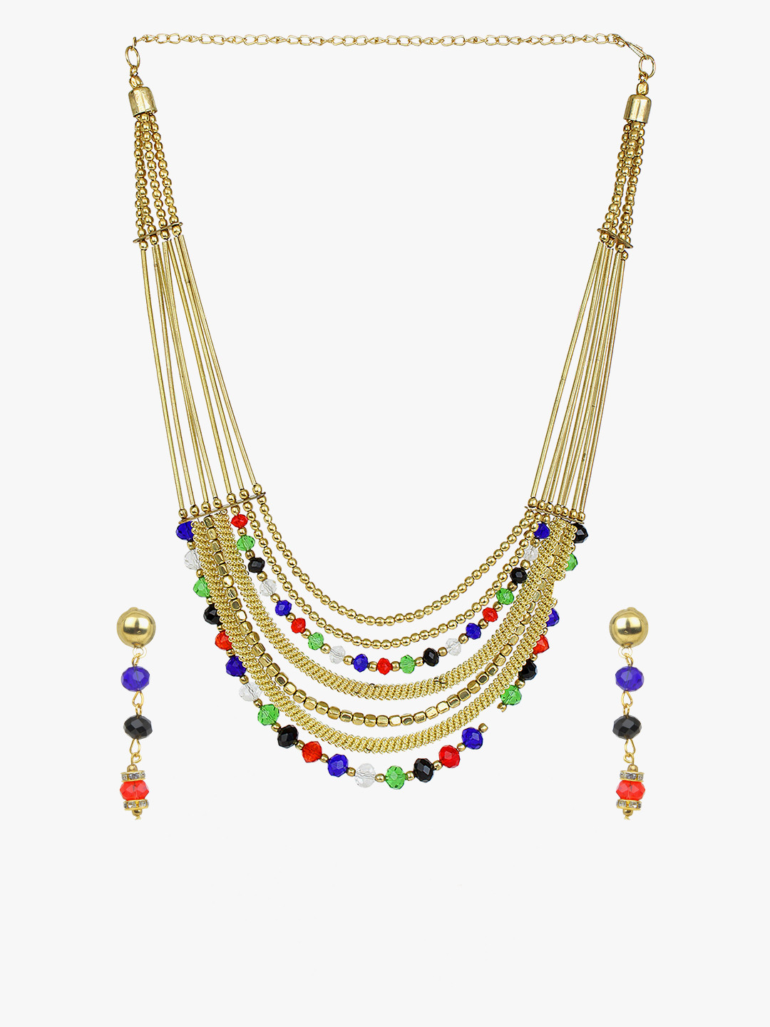 

CARDINAL Gold-Plated Red & Blue Stone Studded & Beaded Layered Jewellery Set