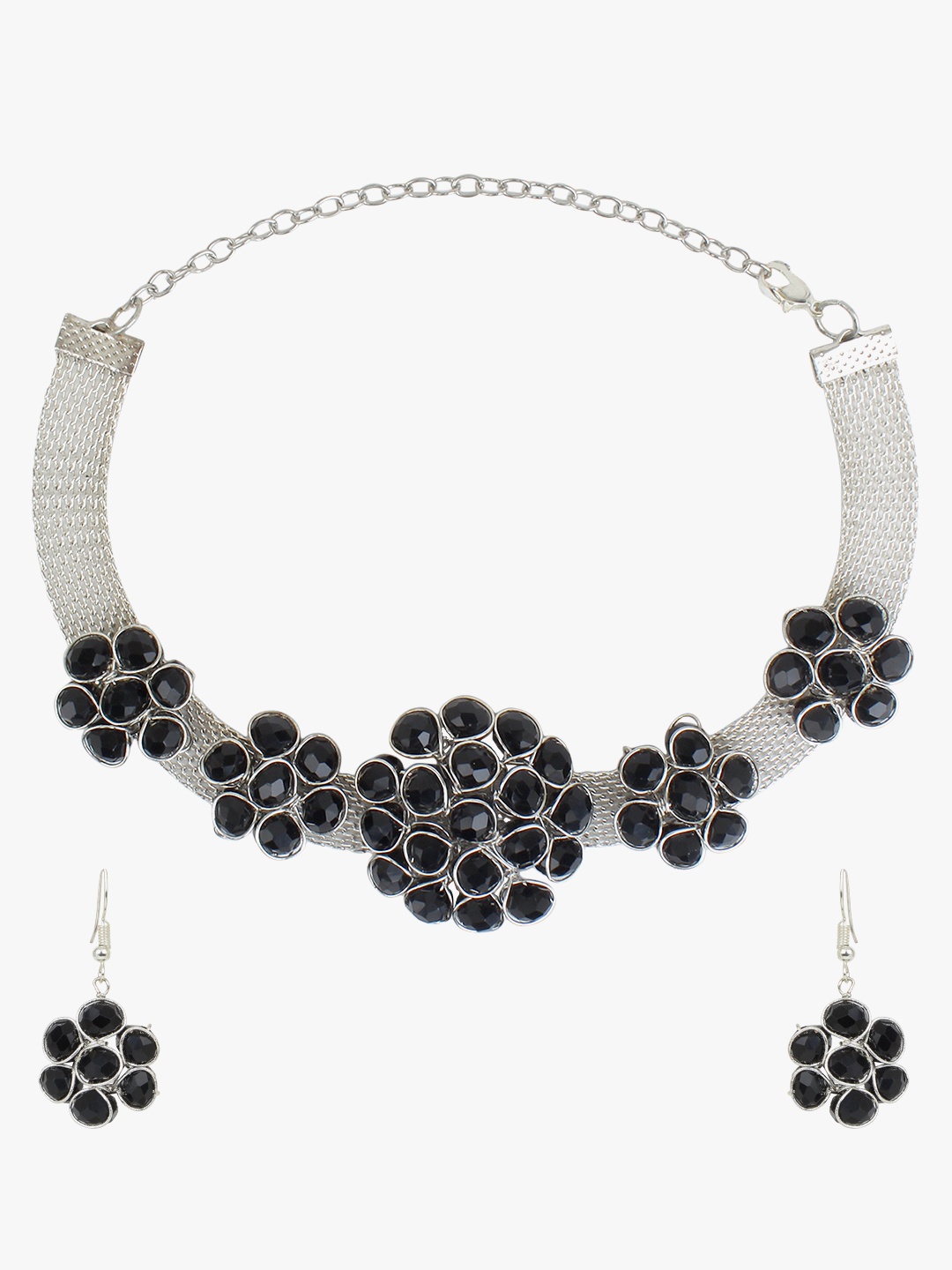 

CARDINAL Oxidized Silver-Toned Black Stone Studded Choker Necklace Set