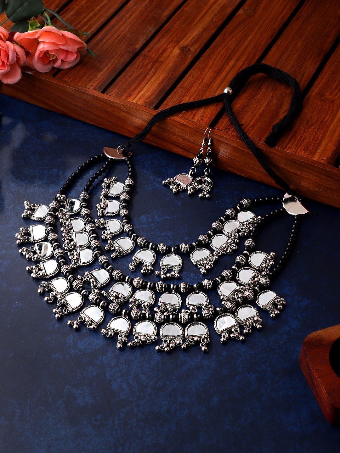

CARDINAL Silver-Toned Stone STudded & Beaded Multi Strand Choker Necklace Set