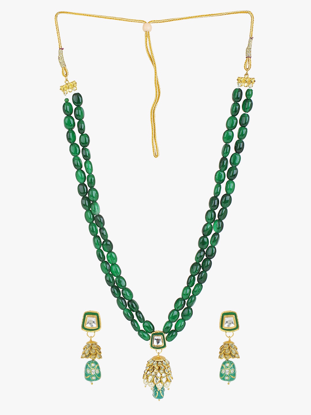 

CARDINAL Women Gold-Toned Green Kundan Onyx Long Necklace Set