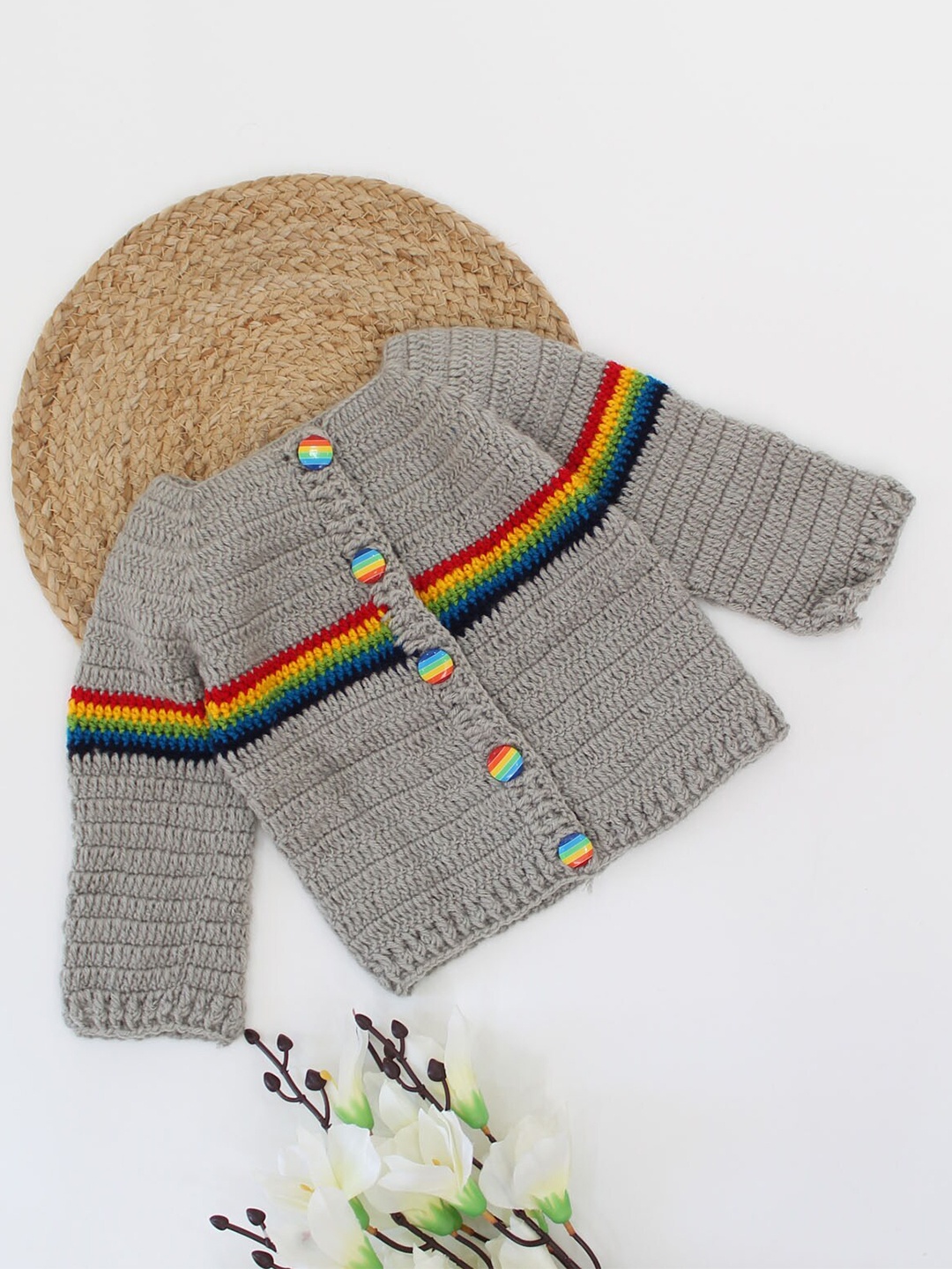

Woonie Unisex Kids Grey & Red Striped Cardigan
