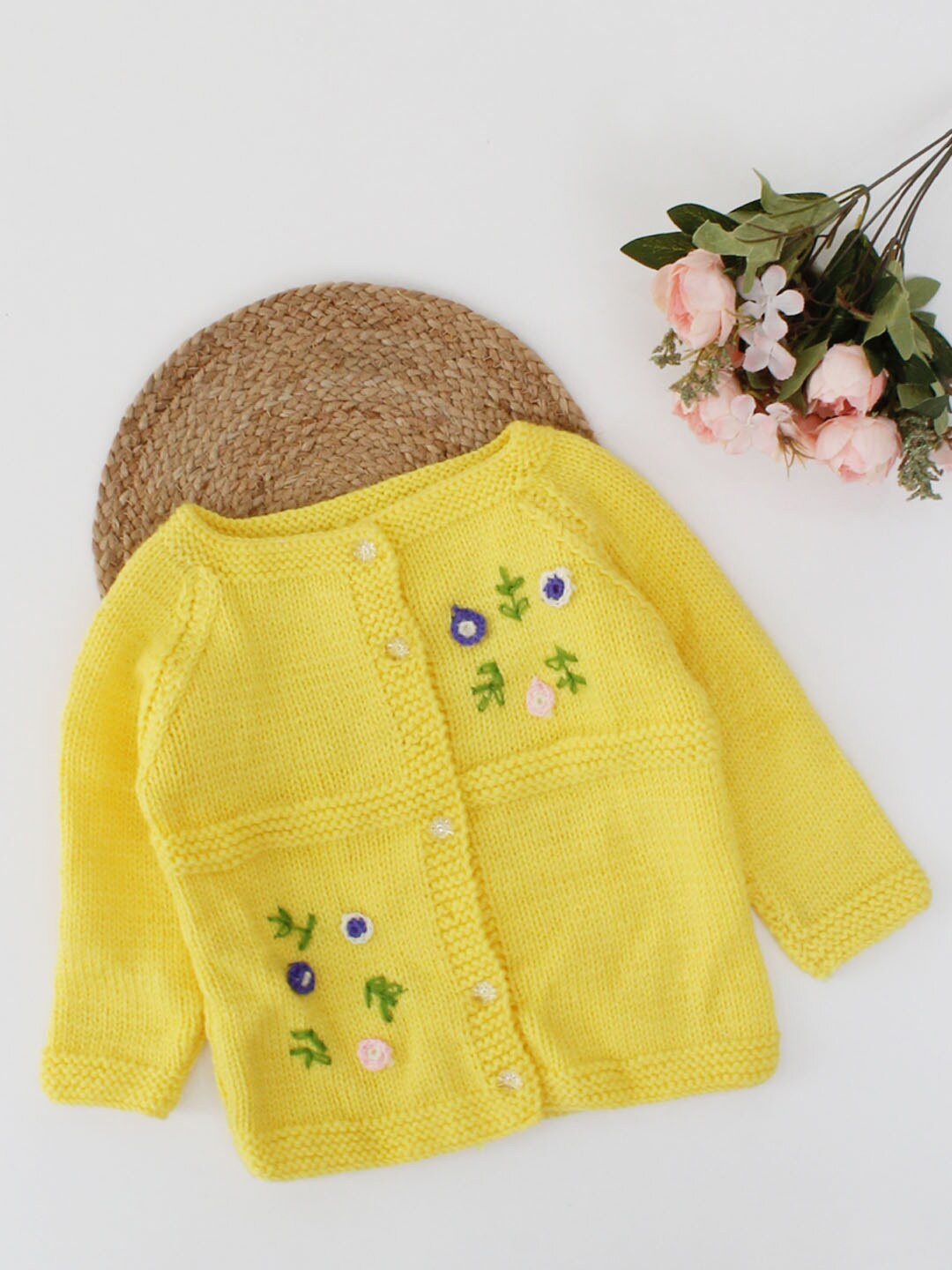

Woonie Unisex Kids Yellow & Green Embroidered Cardigan with Embroidered Detail