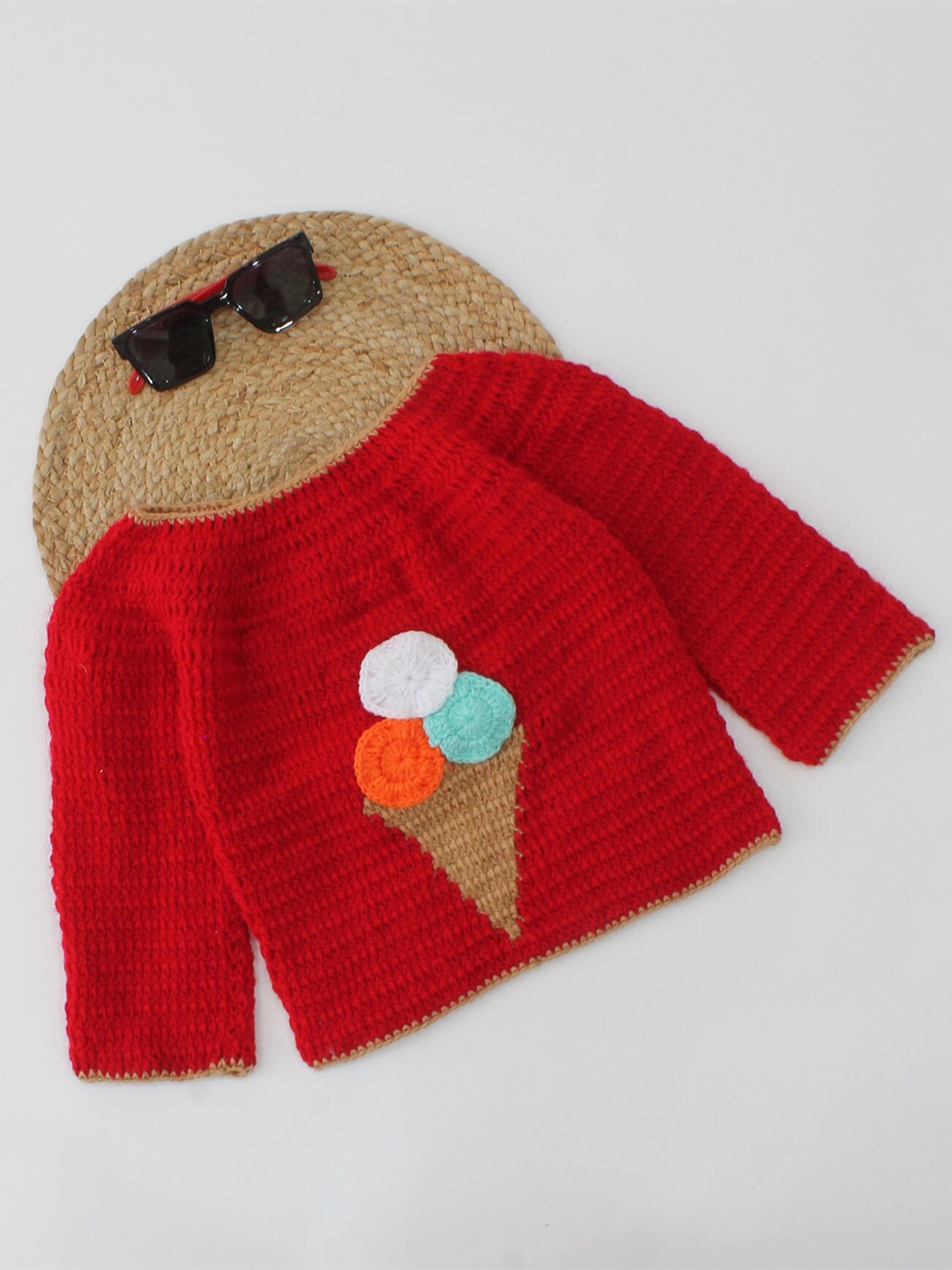 

Woonie Unisex Kids Red & Blue Embroidered Pullover with Embroidered Detail