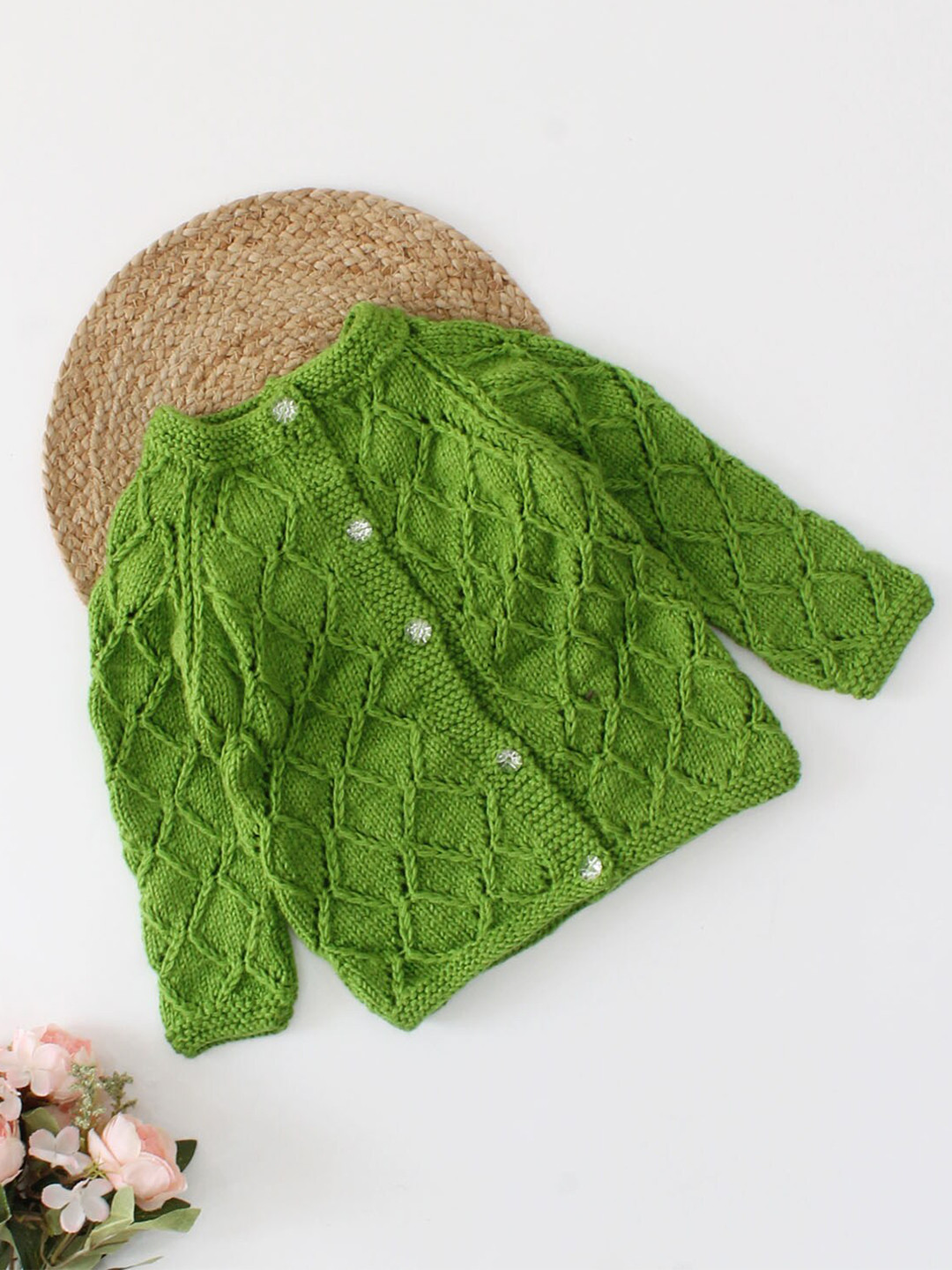 

Woonie Unisex Kids Green Cable Knit Cardigan