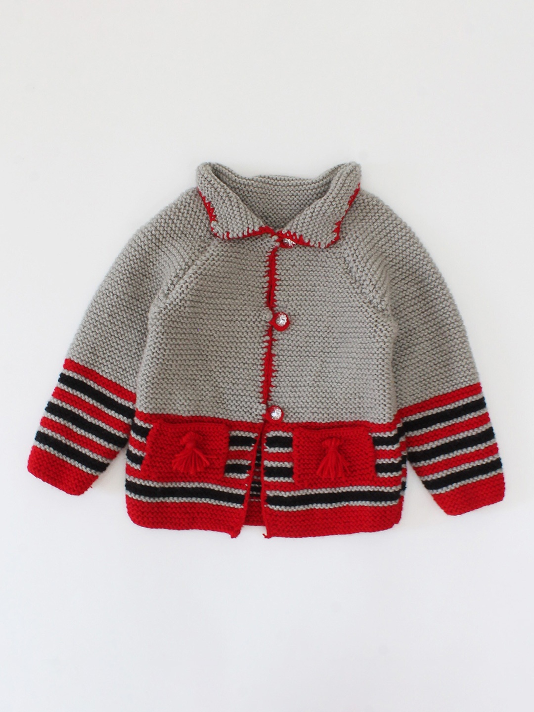 

Woonie Unisex Kids Grey & Red Striped Cardigan
