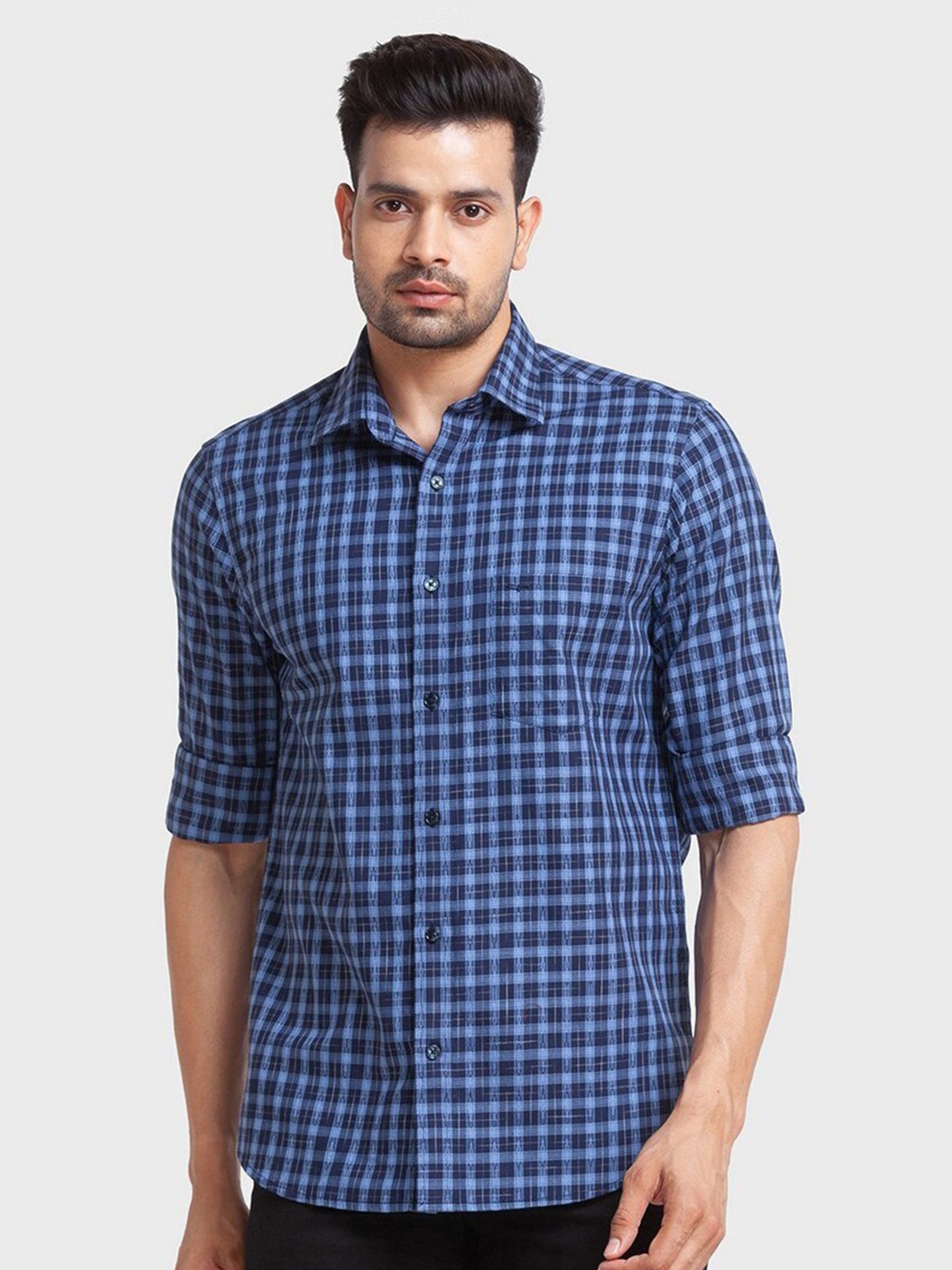 

ColorPlus Men Blue Tailored Fit Checked Organic Cotton Casual Shirt