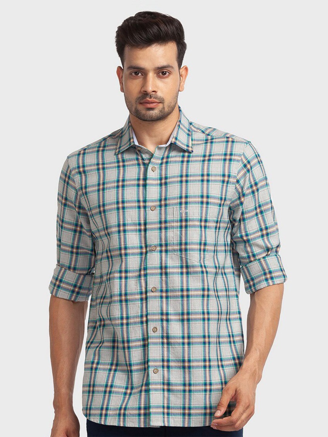 

ColorPlus Men Grey Tartan Check Tailored Fit Organic Cotton Casual Shirt