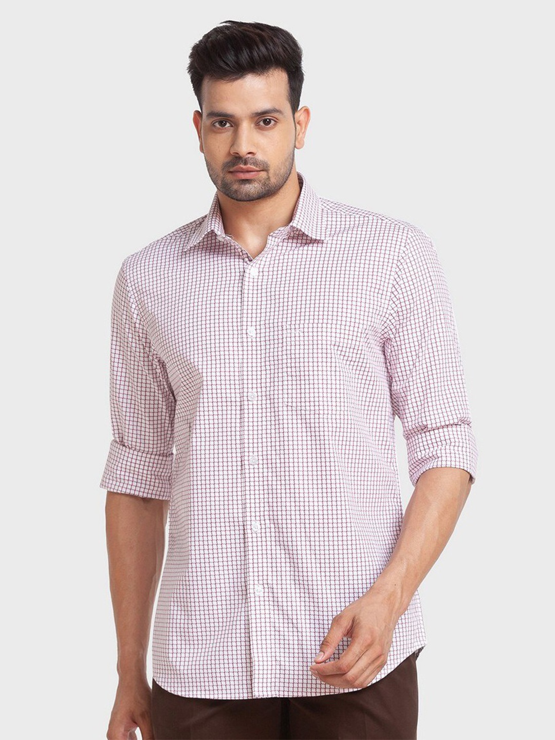 

ColorPlus Men White And Red Checked Tailored Fit Organic Cotton Casual Shirt
