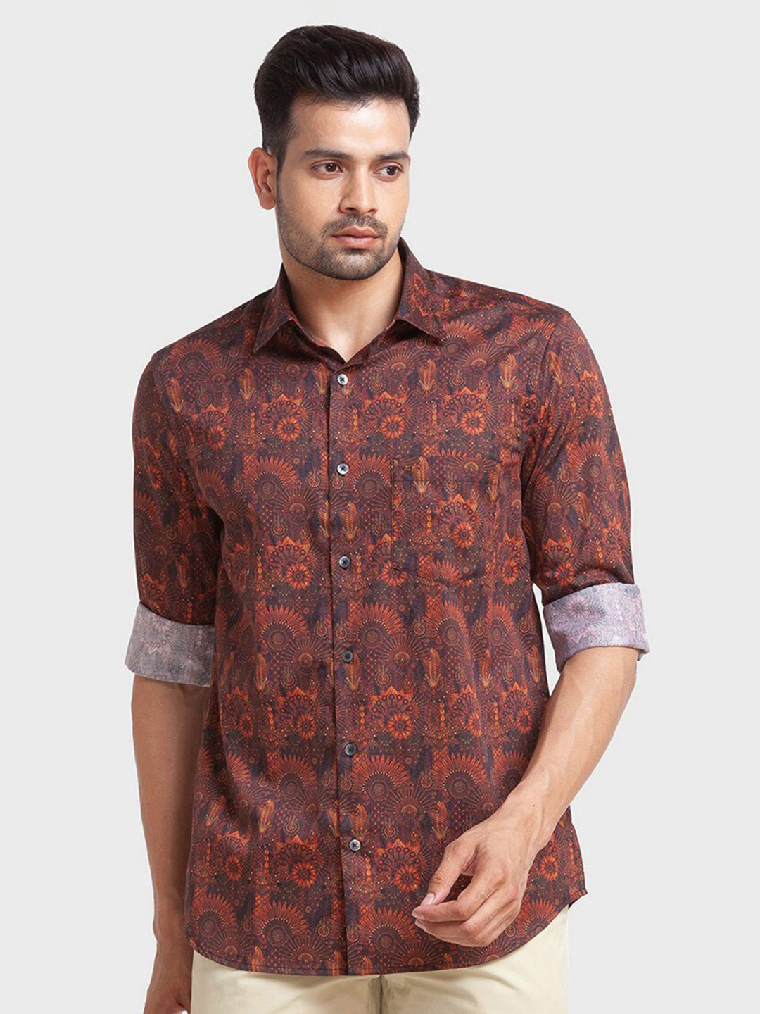 

ColorPlus Men Brown Floral Printed Tailored Fit Organic Cotton Casual Shirt