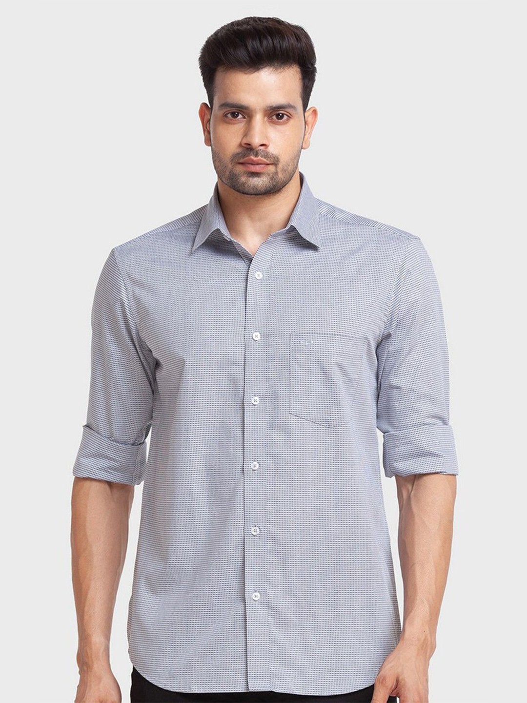 

ColorPlus Men Grey Self Design Tailored Fit Organic Cotton Casual Shirt