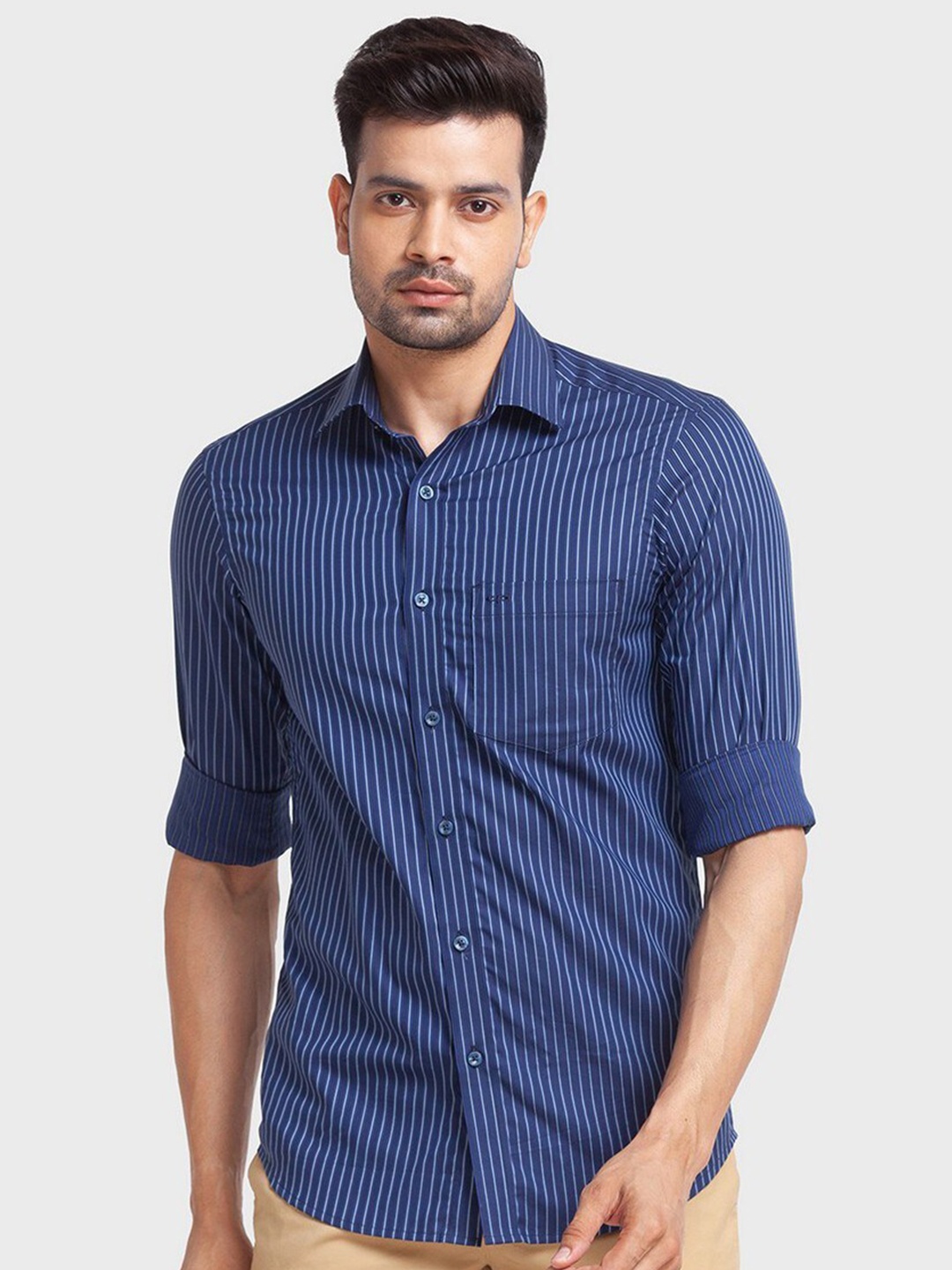 

ColorPlus Men Blue Striped Tailored Fit Organic Cotton Casual Shirt