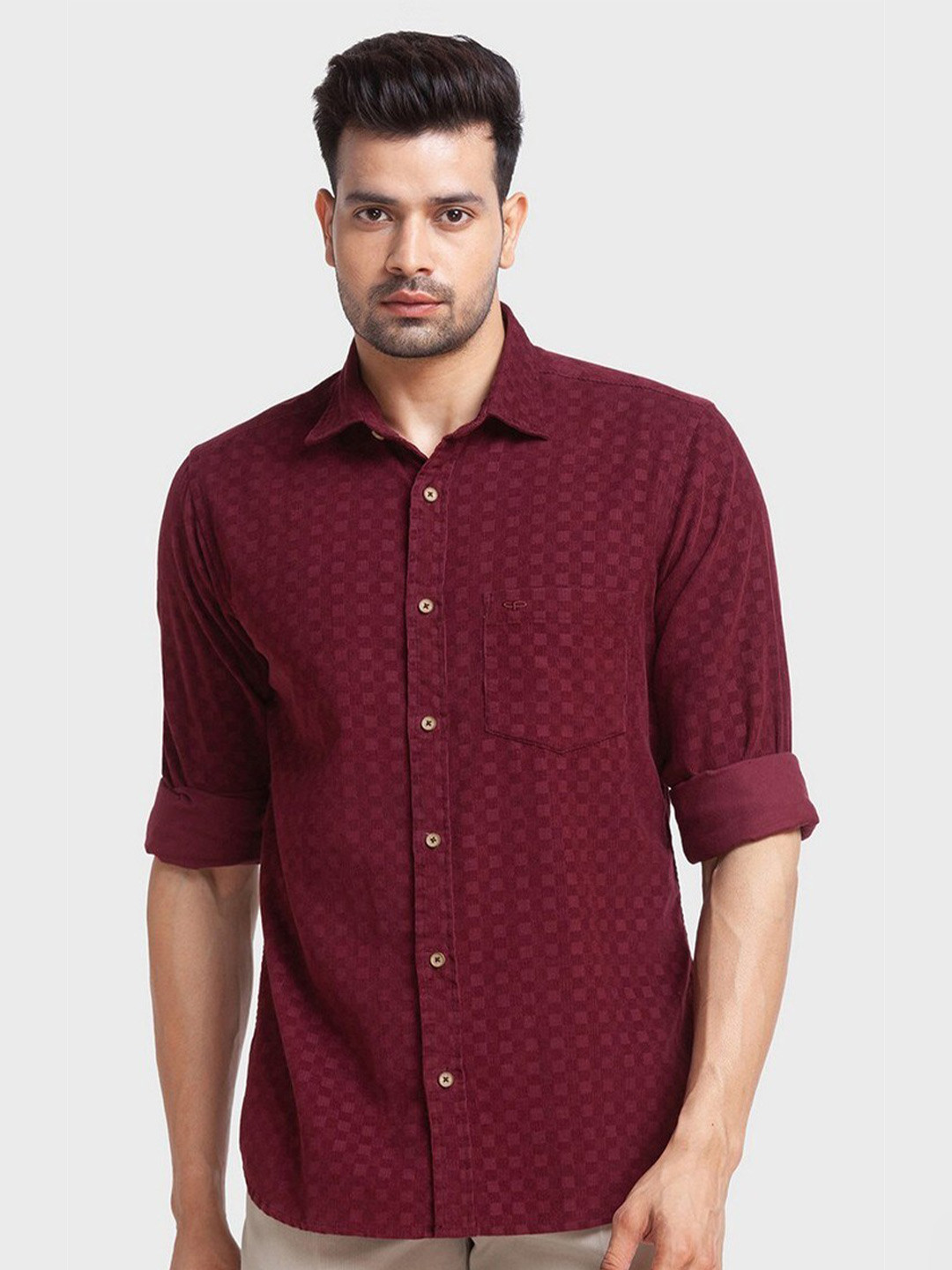 

ColorPlus Men Red Self Design Tailored Fit Organic Cotton Casual Shirt