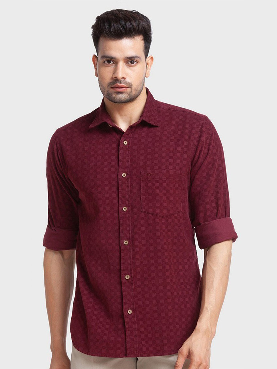 

ColorPlus Men Red Self Design Tailored Fit Organic Cotton Casual Shirt