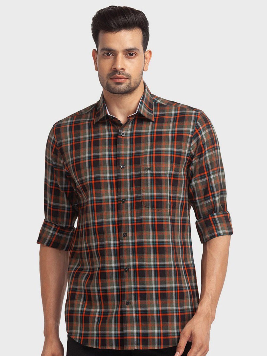 

ColorPlus Men Olive Green Tailored Fit Tartan Checked Casual Organic Cotton Shirt