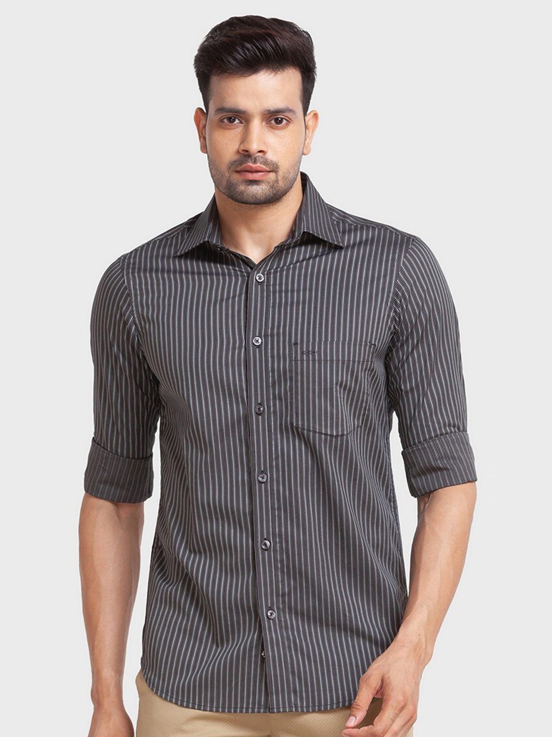 

ColorPlus Men Black Tailored Fit Striped Casual Organic Cotton Shirt